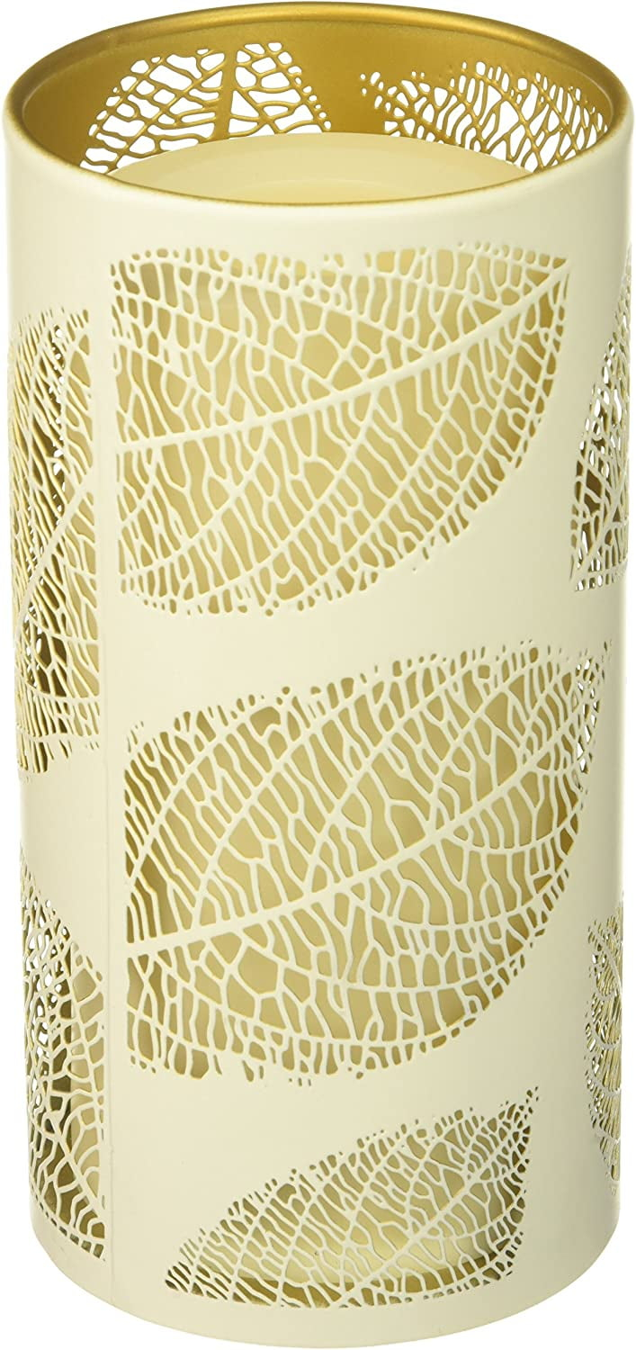 Sterno Home CAT12001WH Laser Etched Leaf Design Metal Luminary, 3.5 7-Inch, White/Gold