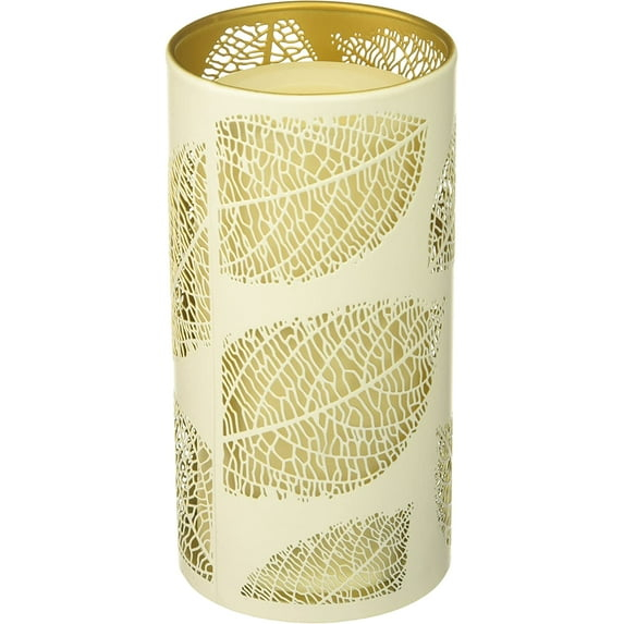 Sterno Home CAT12001WH Laser Etched Leaf Design Metal Luminary, 3.5 7-Inch, White/Gold