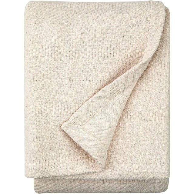 Sticky Toffee Lightweight 100% Oeko-Tex Cotton Throw Blanket, 50x60in, Ivory Cream - Herringbone Weave