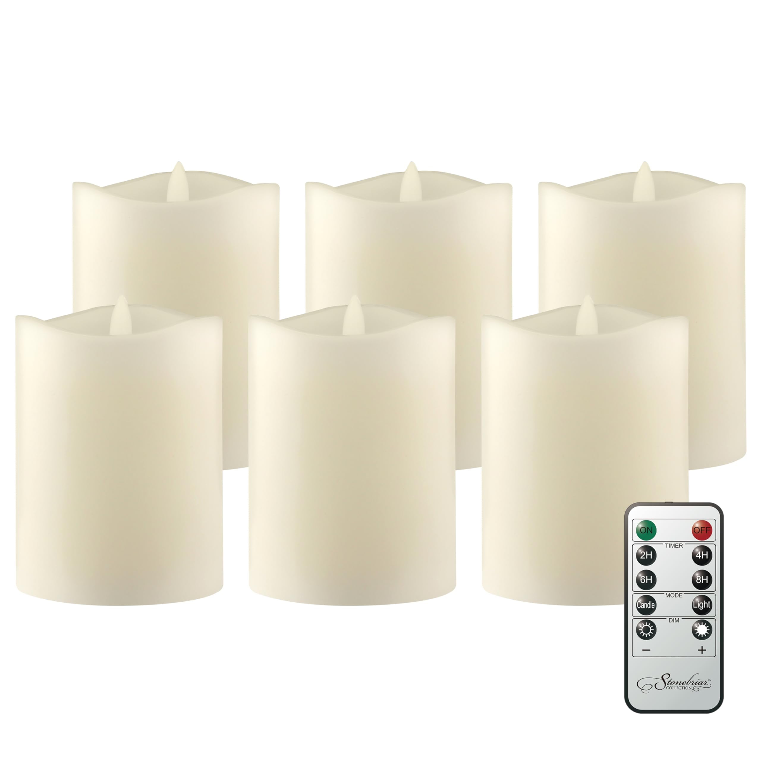 Stonebriar Flameless LED 3"x 4" off-White Real Wax Pillar Candle with Timer and Remote, 6 Pack