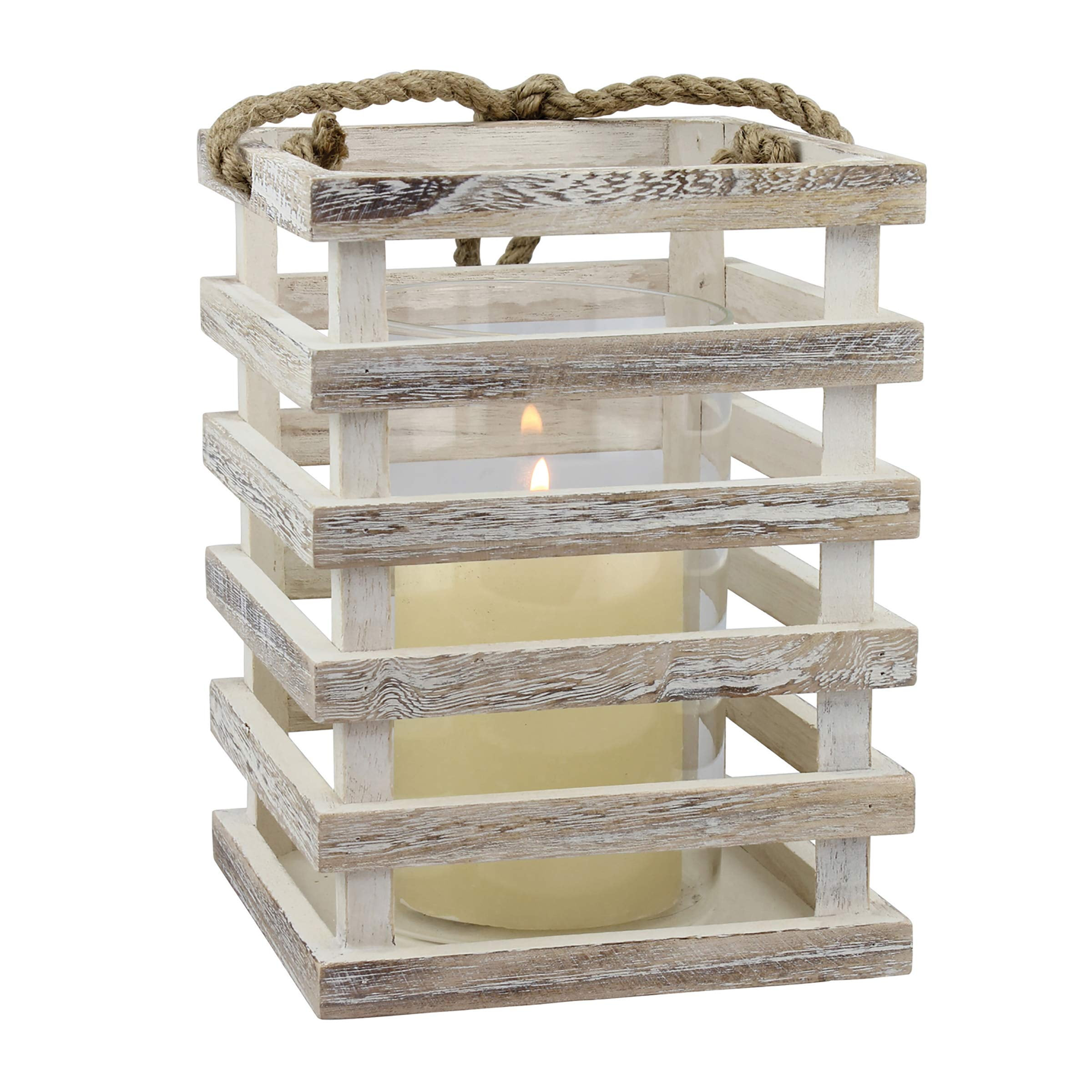 Stonebriar Indoor 6" Coastal Wood Candle Holder with Removable Glass Cylinder, Off-White