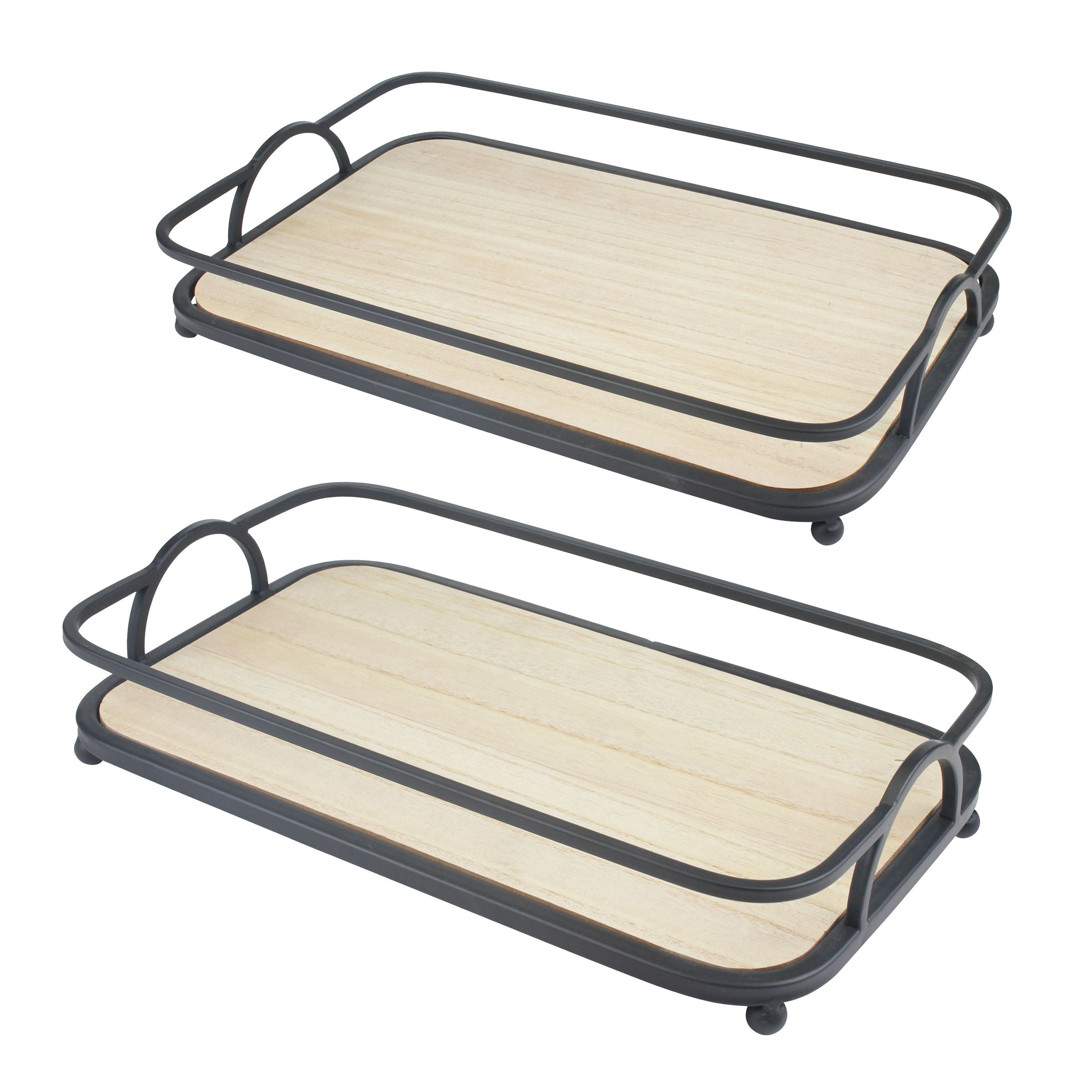 Stonebriar Solid Wood and Metal Decorative Tray Set, Black, 2 Pieces, 16.3" x 10.4"