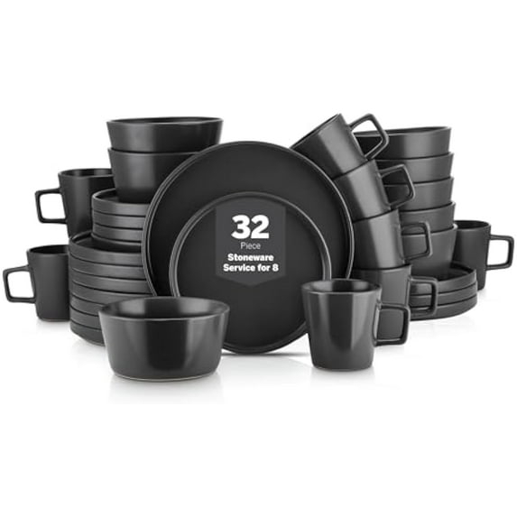 Stoneware Dinnerware Set 32-Pc Black Matte - Microwave & Dishwasher Safe for Daily Use & Entertaining | Durable, Chip-Resistant, Easy Clean Dishes