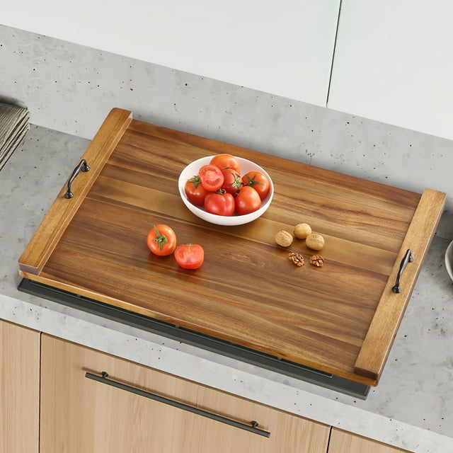 BENESKY Noodle Board Stove Cover, 30 x 22 Inch Acacia Wood Stove Top Cover Board with Handles, Farmhouse Gas Stove Top Cover Board Electric Stove Sink Cover RV Serving Tray
