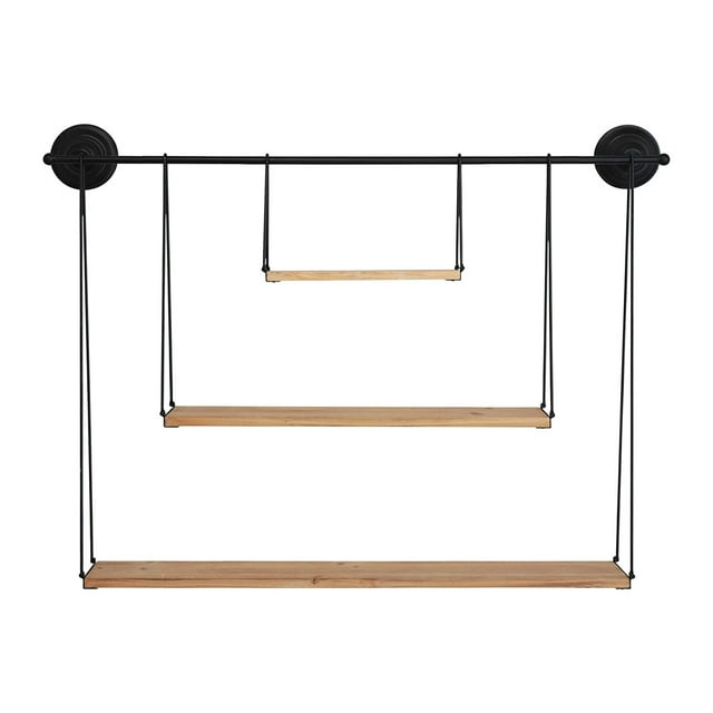 Stratton Home Decor Large 3 Tier Metal and Wood Hanging Wall Shelf, Black