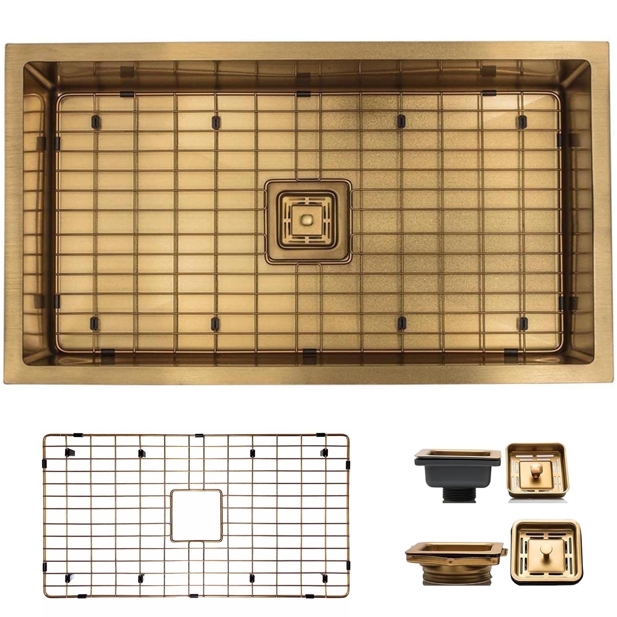 Strictly Sinks 32 Inch Undermount Single Bowl Kitchen Sink – Sink with Bottom Grid & Drain – Gold