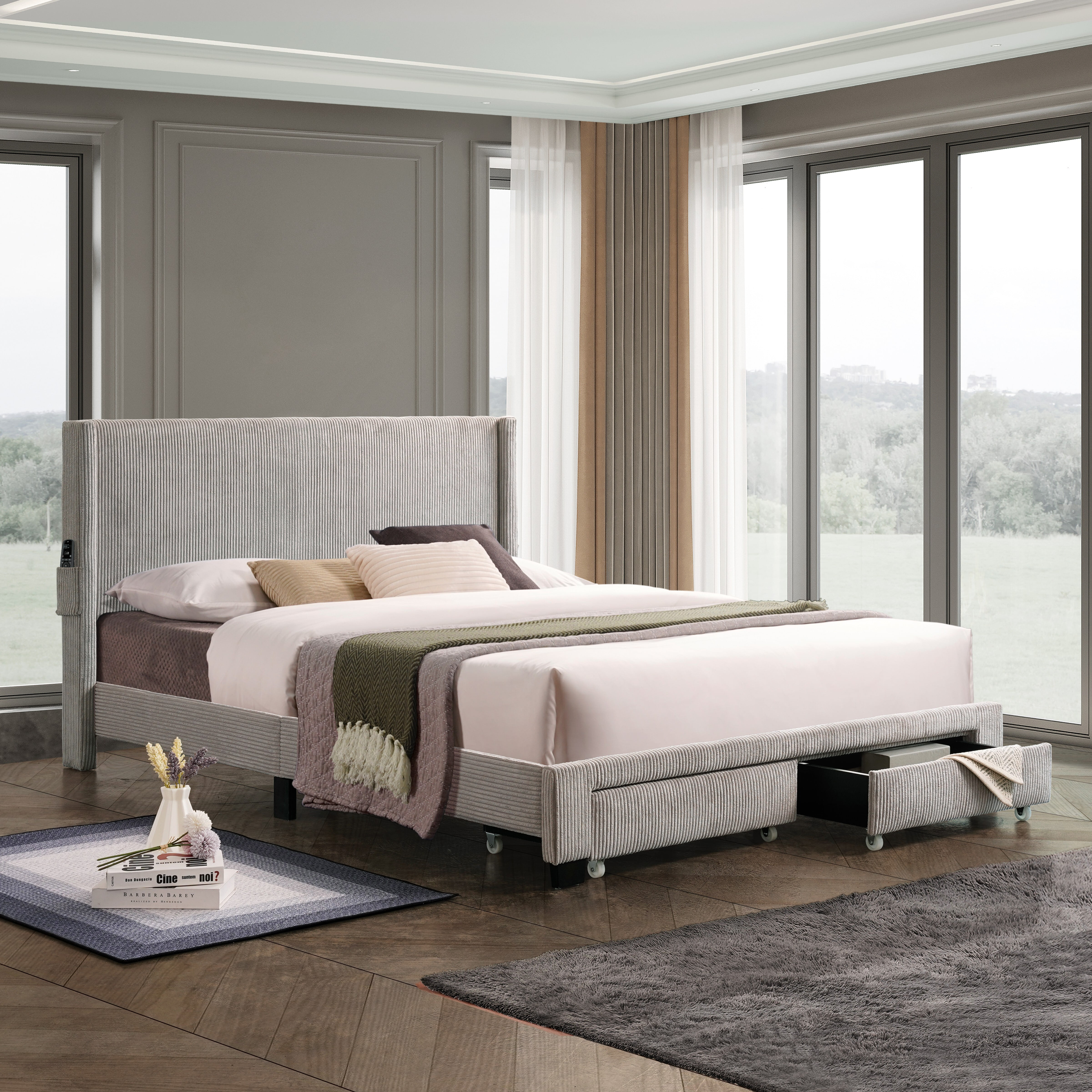 Queen Size Upholstered Bed, Upholstered Platform Bed Frame with Footboard Drawer Storage, Corduroy Velvet Upholstered Wingback Bed, Gray