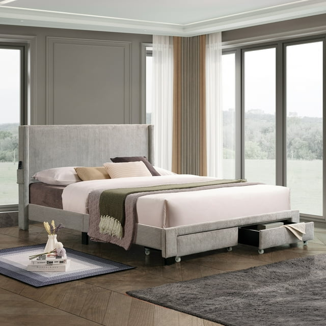 Queen Size Upholstered Bed, Upholstered Platform Bed Frame with Footboard Drawer Storage, Corduroy Velvet Upholstered Wingback Bed, Gray