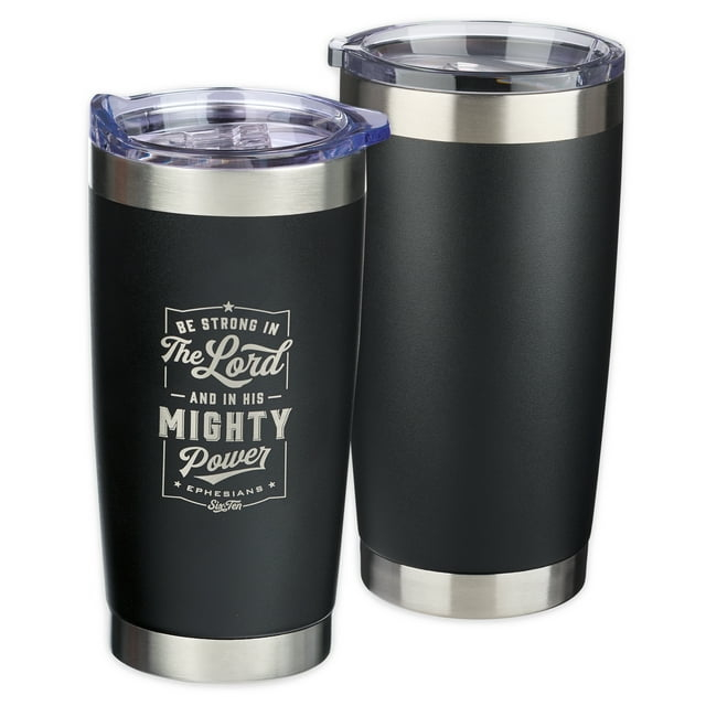 Strong In The Lord Ephesians 6:10 Matte Black Christian Travel Mug for Women or Men (18oz Stainless Steel Double-Wall Vacuum Insulated Tumbler with Lid)