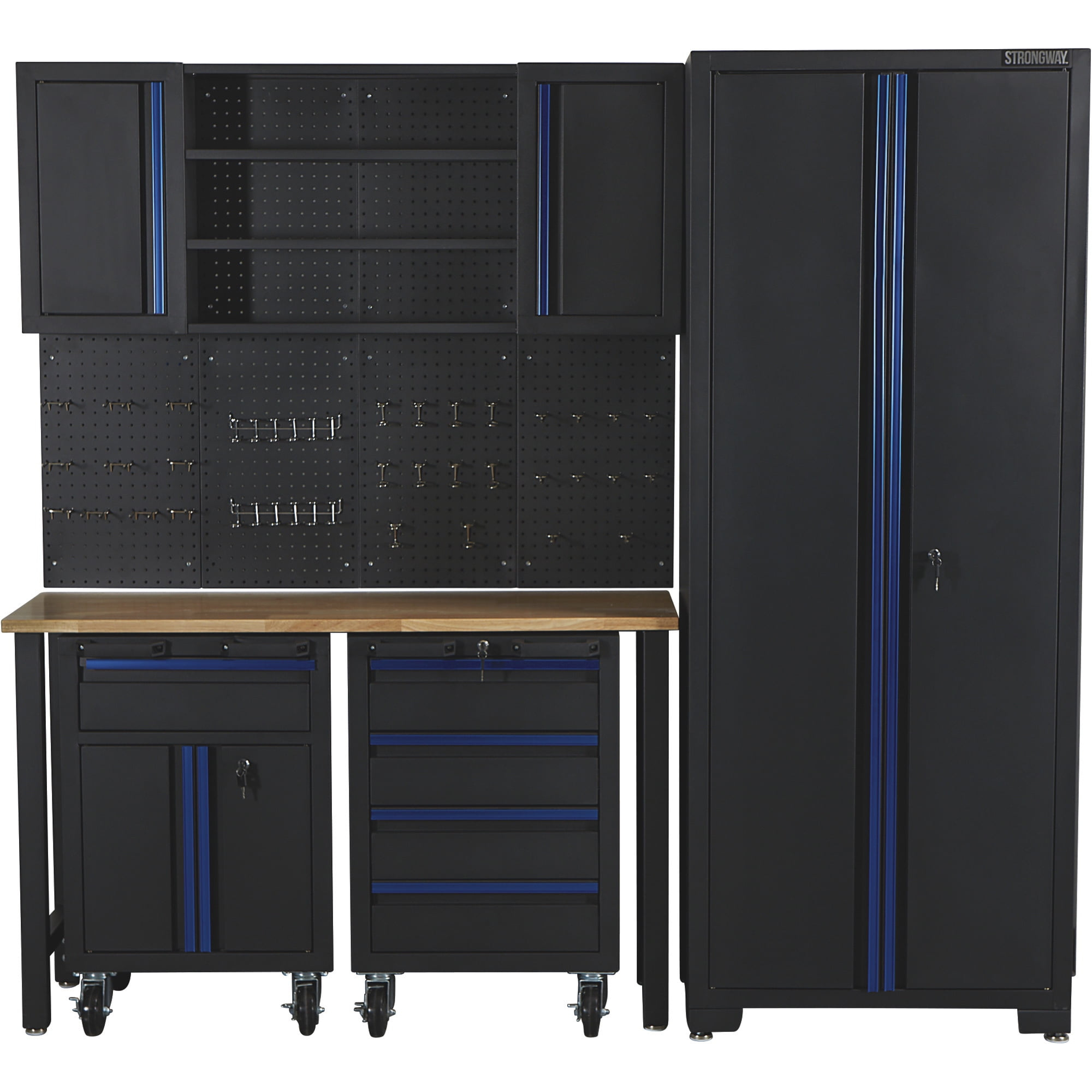 Strongway 6-Pc. Steel Garage Storage System with Drawers, Pegboard, Shelves, Tabletop, 2 Rolling Cabinets, 81.5in. x 75.7in.