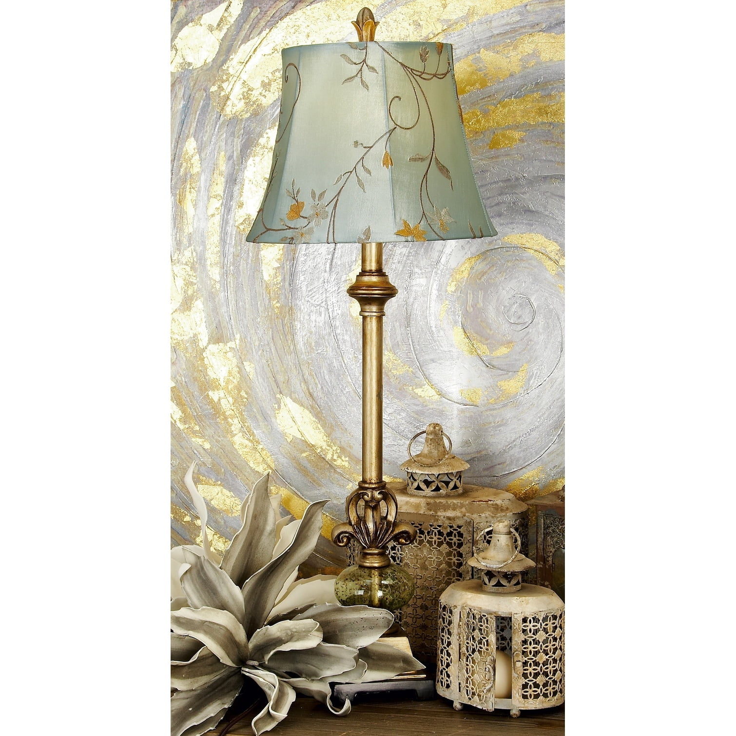 Studio 350 Brass Polystone Antique Style Floral Buffet Lamp with Tapered Shade - 12 x 32