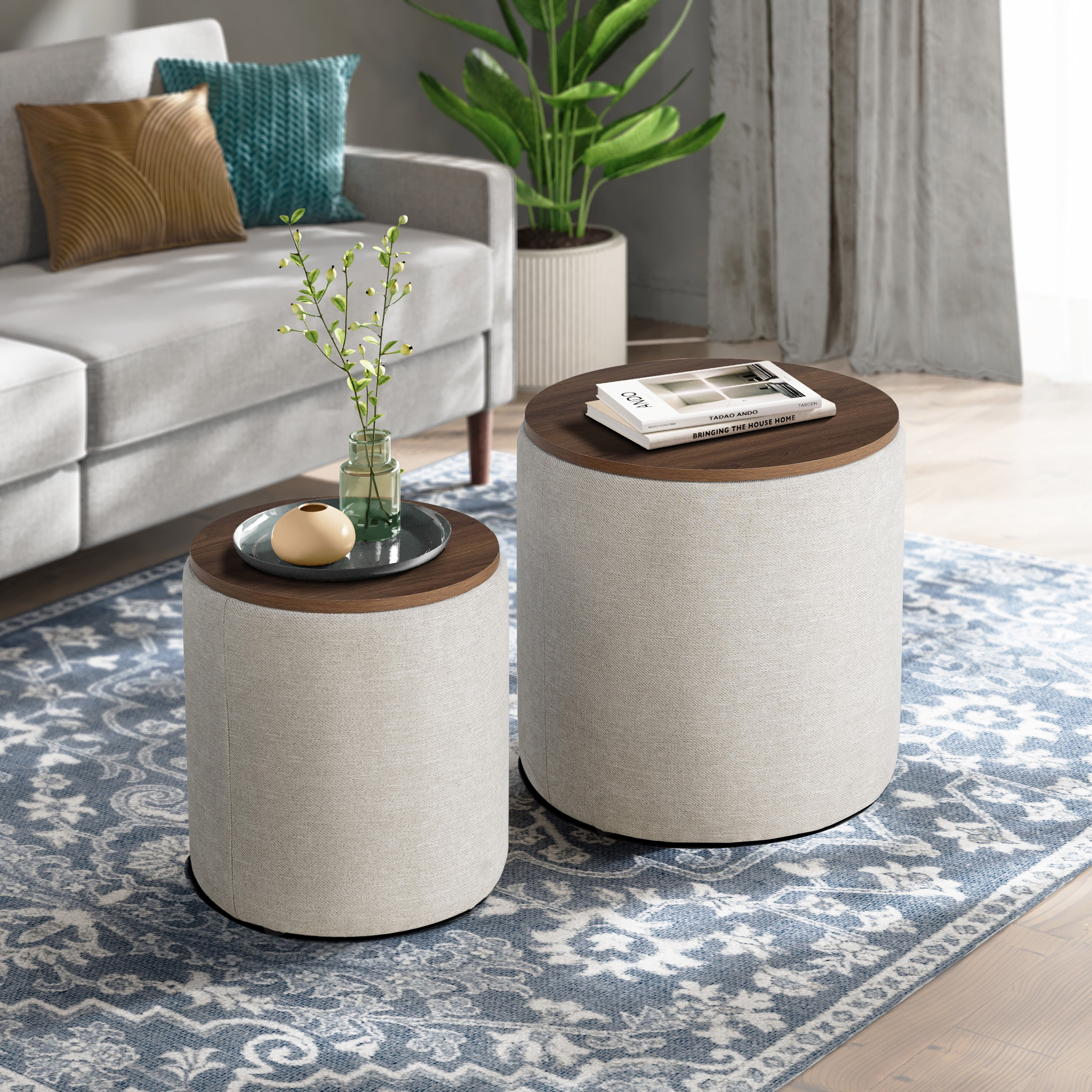 Studio Living Auckland Modern Nesting Storage Ottoman 2-Piece Set, Linen Fabric