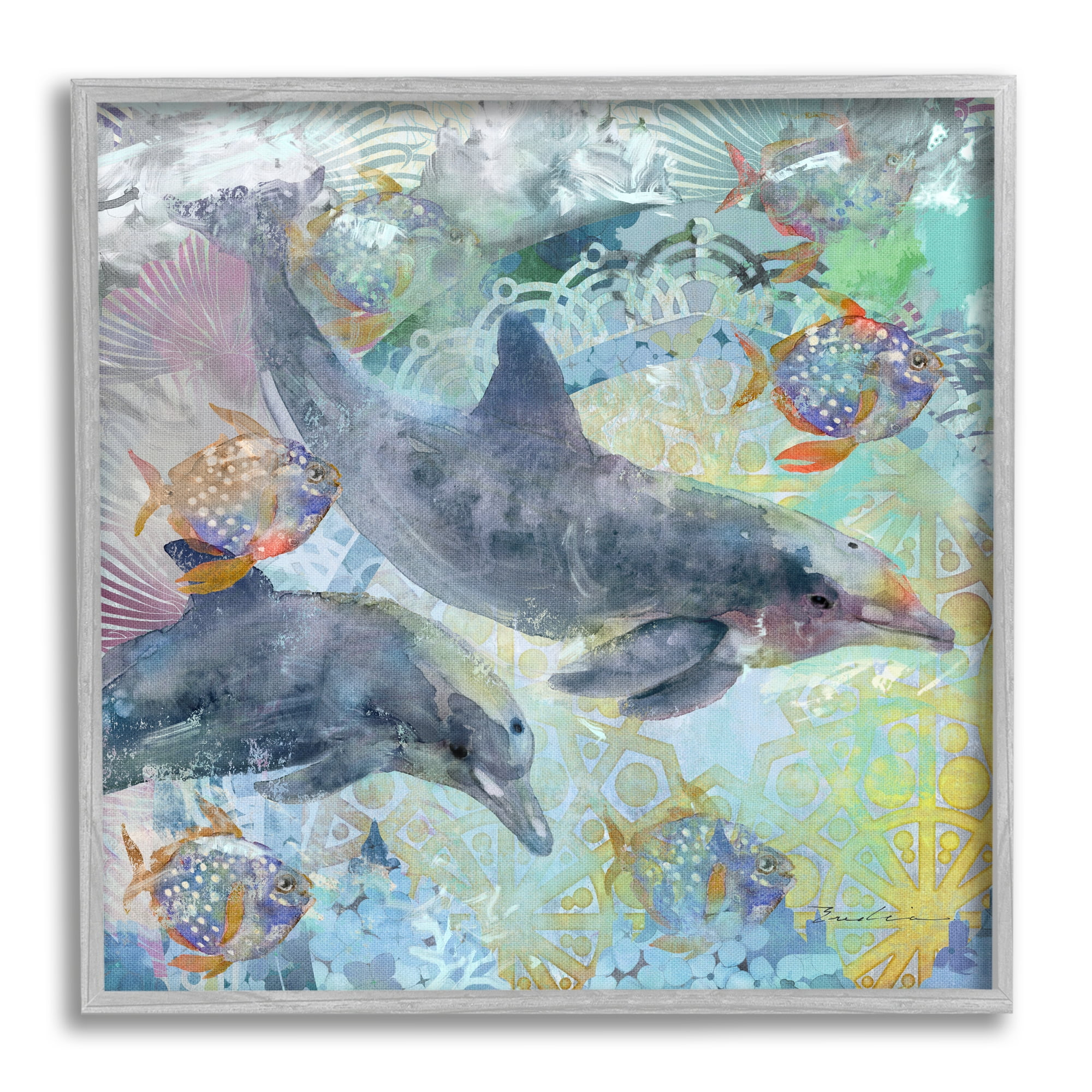 Stupell Dolphins & Fish Aquatic Fractals Landscape Painting Gray Framed Art Print Wall Art