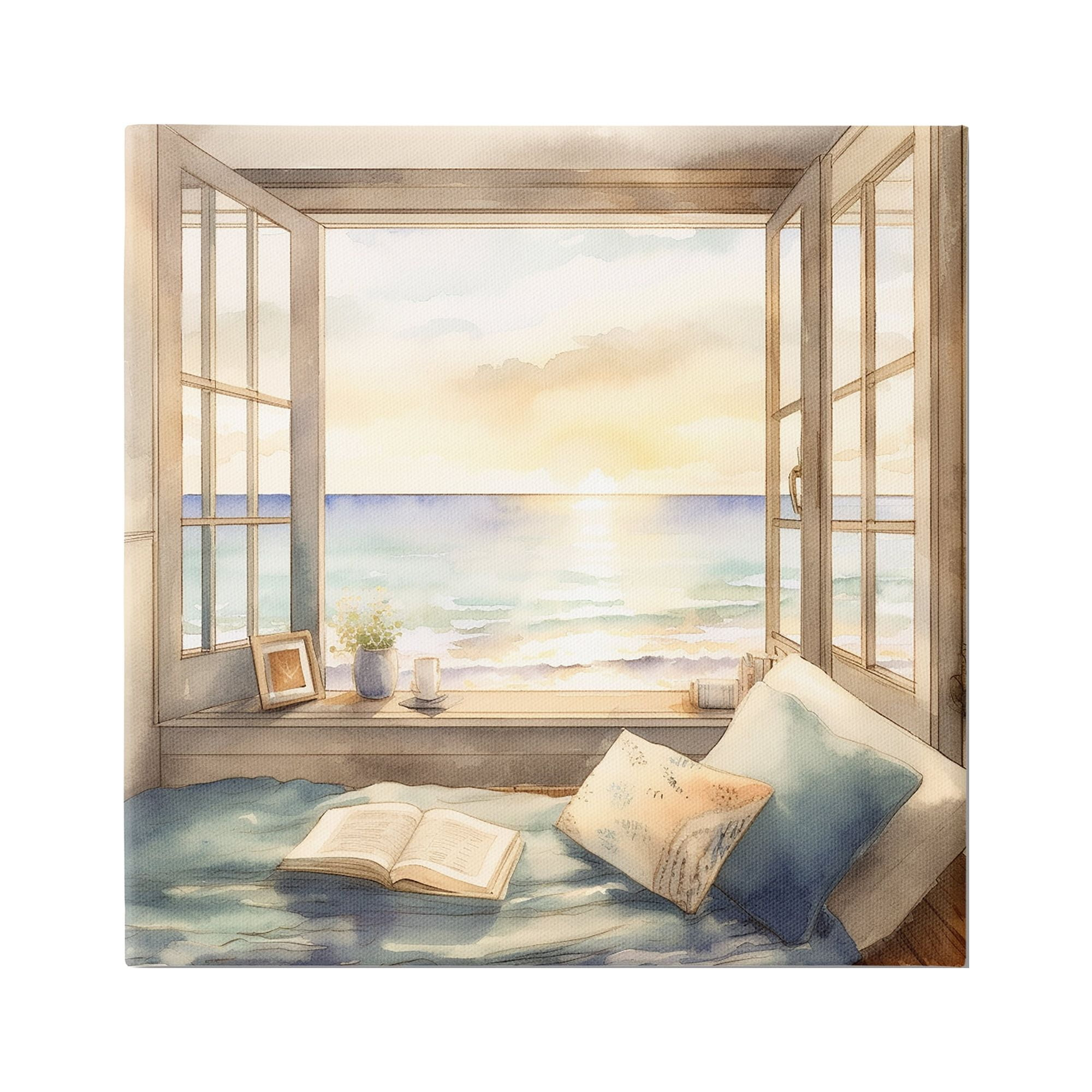 Stupell Industries Beach Window View Landscape Painting Gallery Wrapped Canvas Art Print Wall Art, 17 x 17