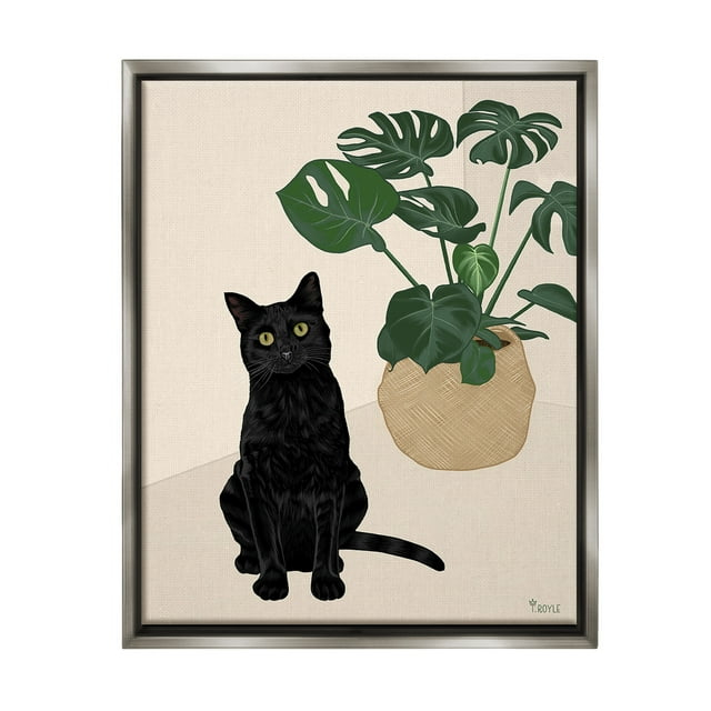 Stupell Industries Black Cat & Monstera Plant Animals & Insects Painting Gray Floater Framed Canvas Art Print Wall Art, 17 x 21