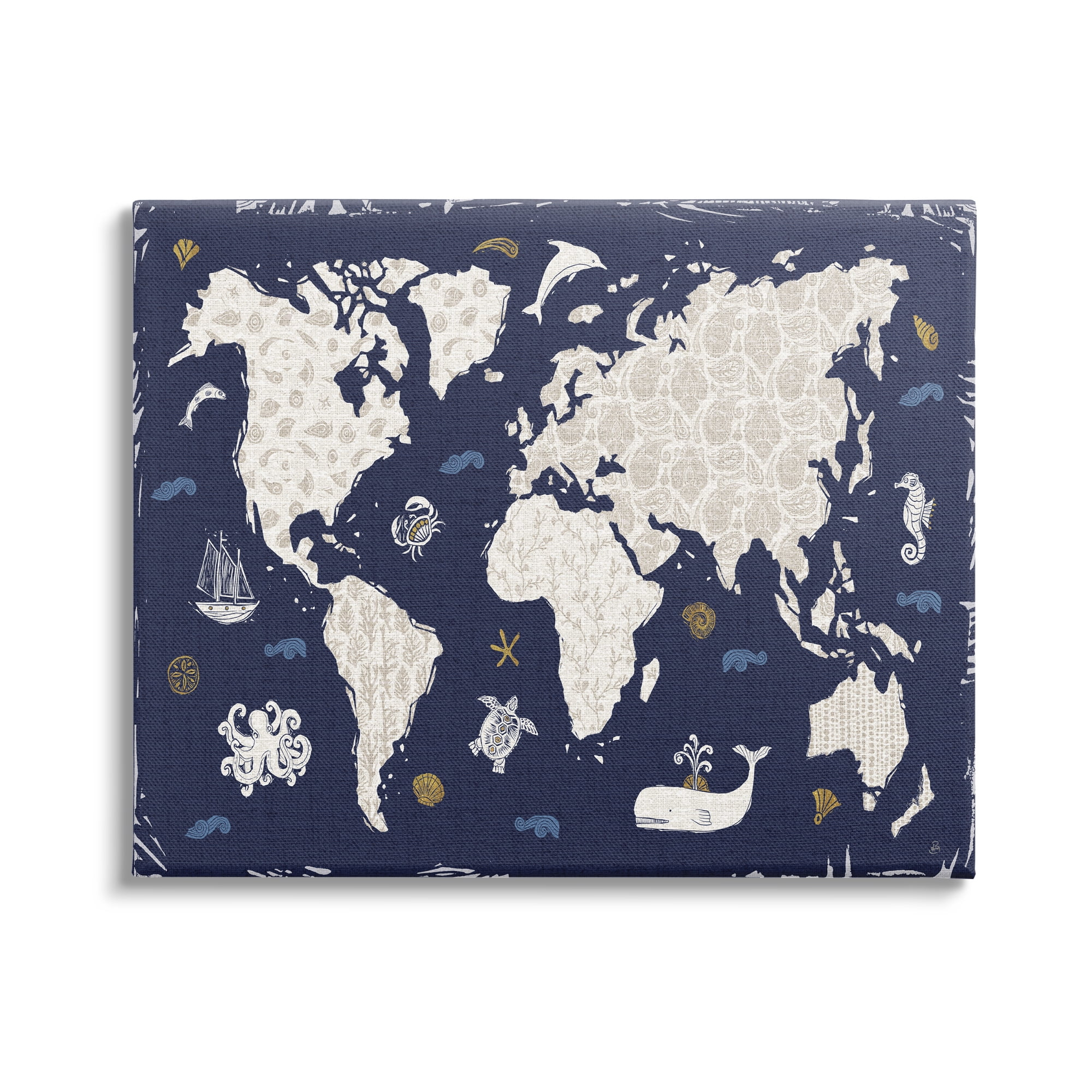 Stupell Industries Blue Patterned World Map Animals & Insects Painting Gallery Wrapped Canvas Print Wall Art, 20 x 16
