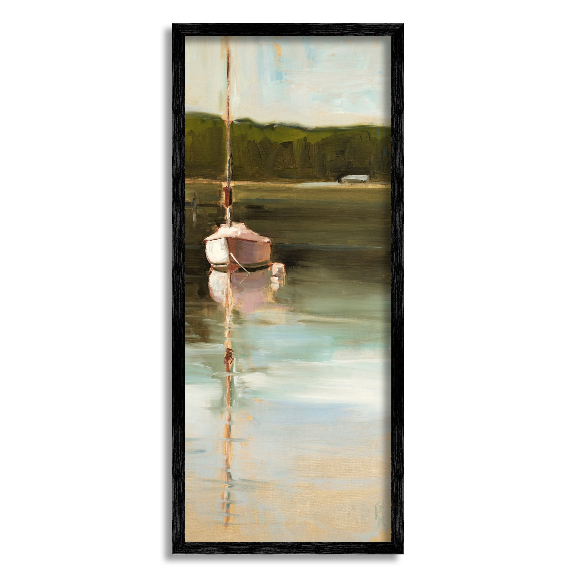 Stupell Industries Boat Reflection Painting Transportation Painting Black Framed Art Print Wall Art, 13 x 30