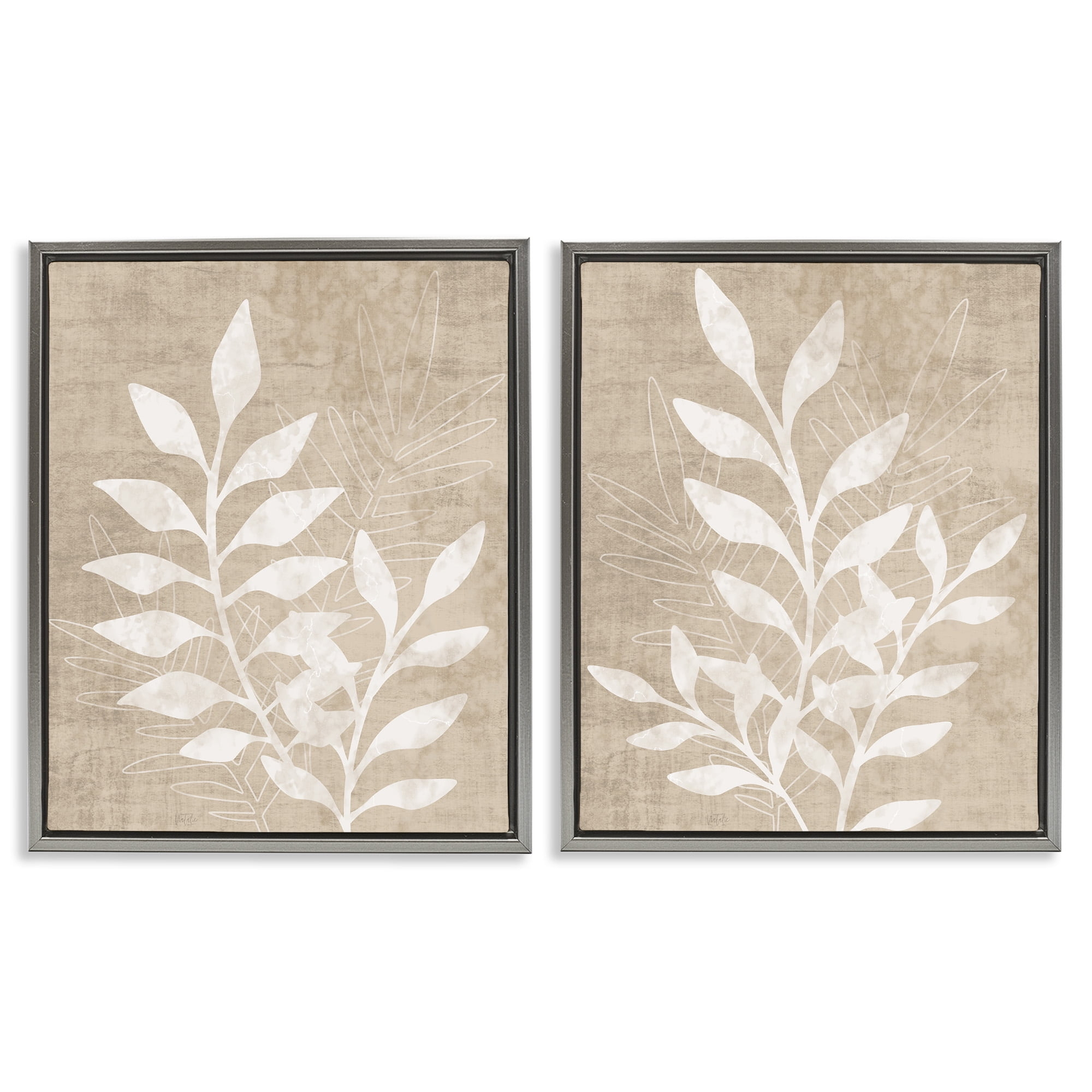 Stupell Industries Boho Botanical Leaf Silhouette Botanical & Floral Painting Gray Floater Framed Canvas Art Print Wall Art, 17 x 21, Set of 2