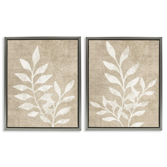 Stupell Industries Boho Botanical Leaf Silhouette Botanical & Floral Painting Gray Floater Framed Canvas Art Print Wall Art, 17 x 21, Set of 2