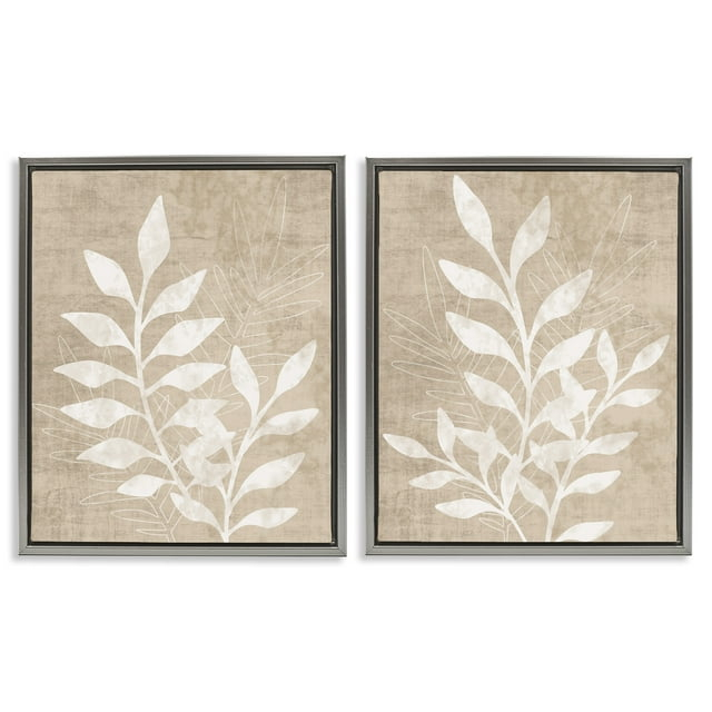 Stupell Industries Boho Botanical Leaf Silhouette Botanical & Floral Painting Gray Floater Framed Canvas Art Print Wall Art, 17 x 21, Set of 2