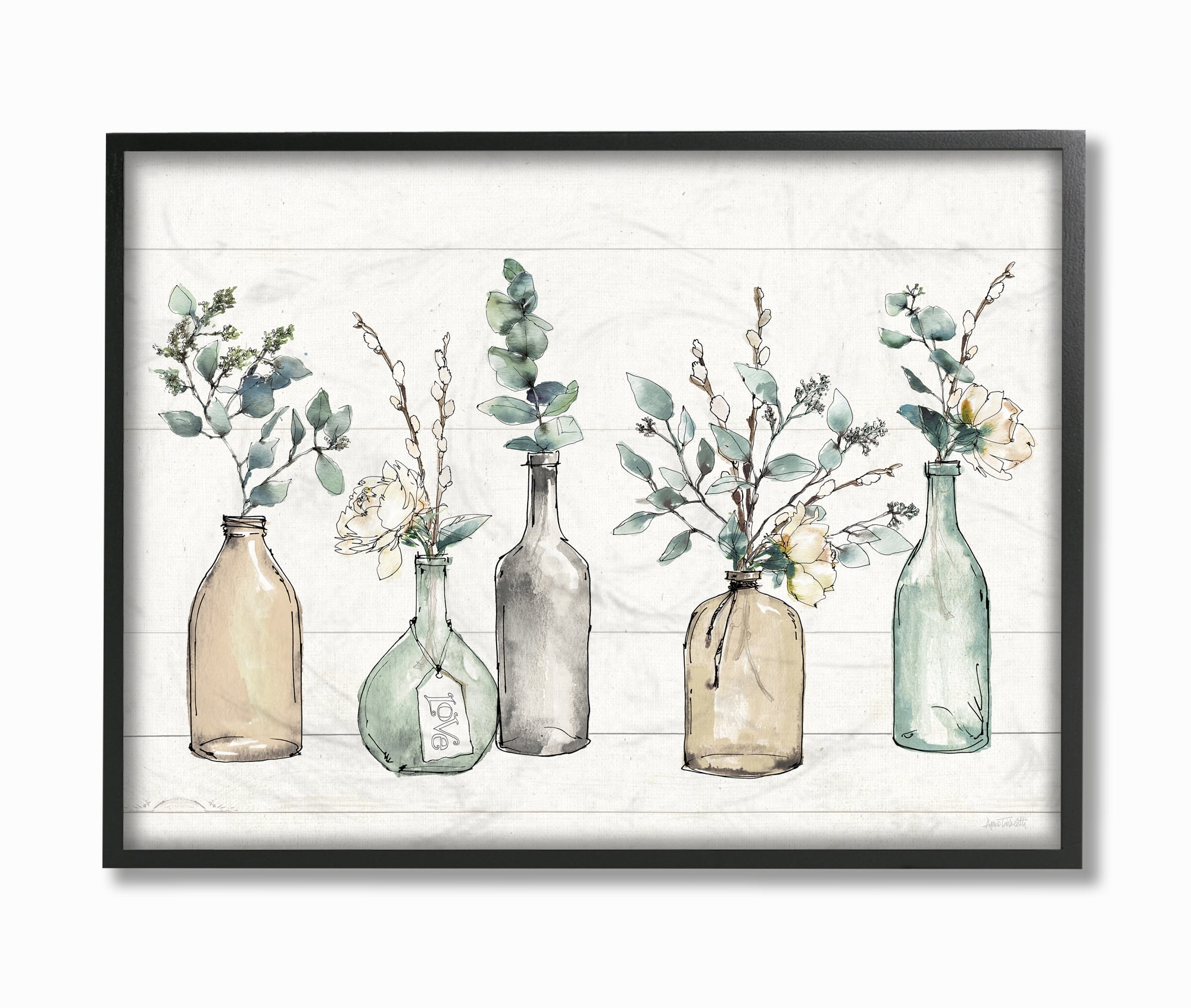 Stupell Industries Bottles And Plants Farm Wood Textured Design Framed Wall Art by Anne Tavoletti, 24" x 30", Black Framed