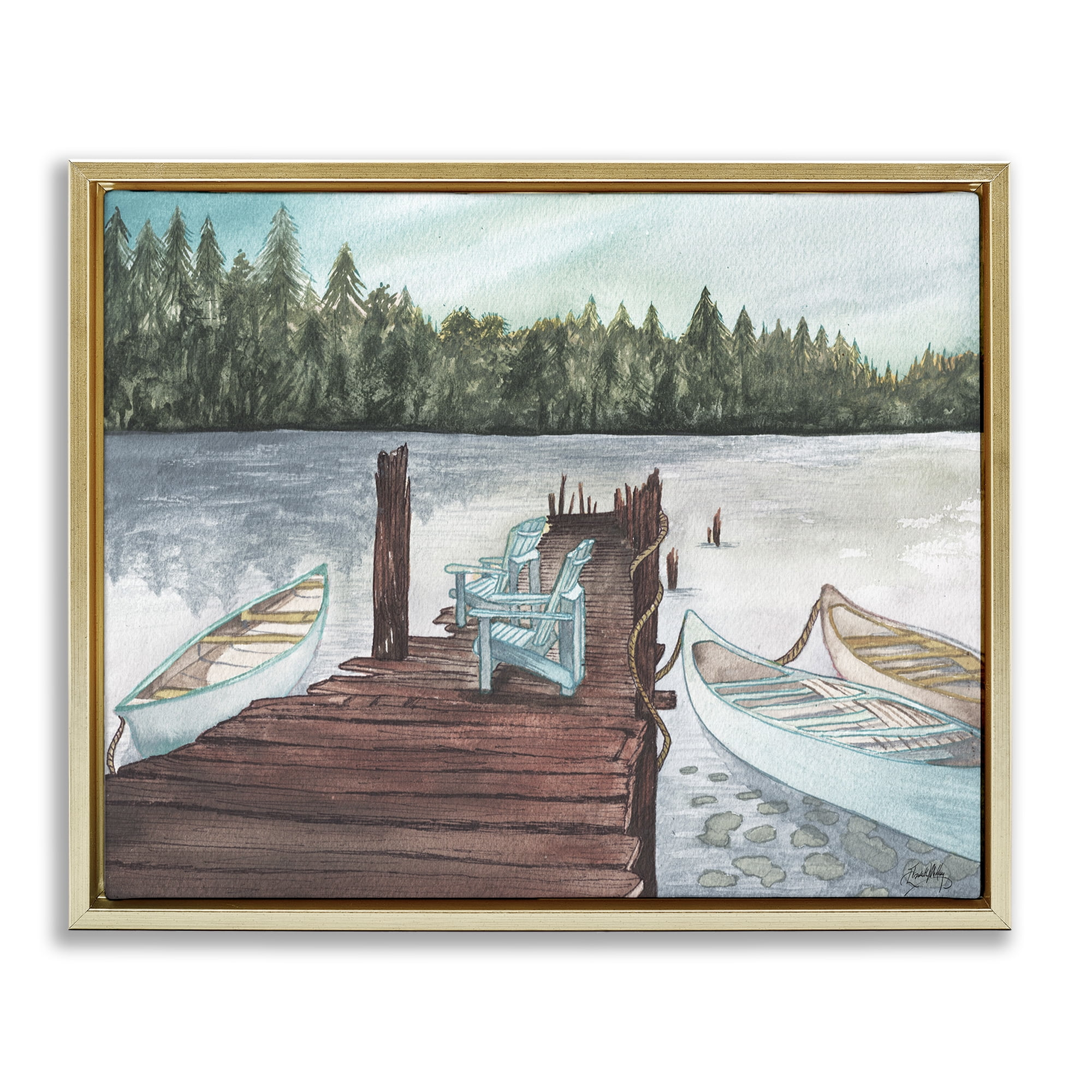 Stupell Industries Canoes at Lake Dock Landscape Painting Gold Floater Framed Canvas Art Print Wall Art, 21 x 17