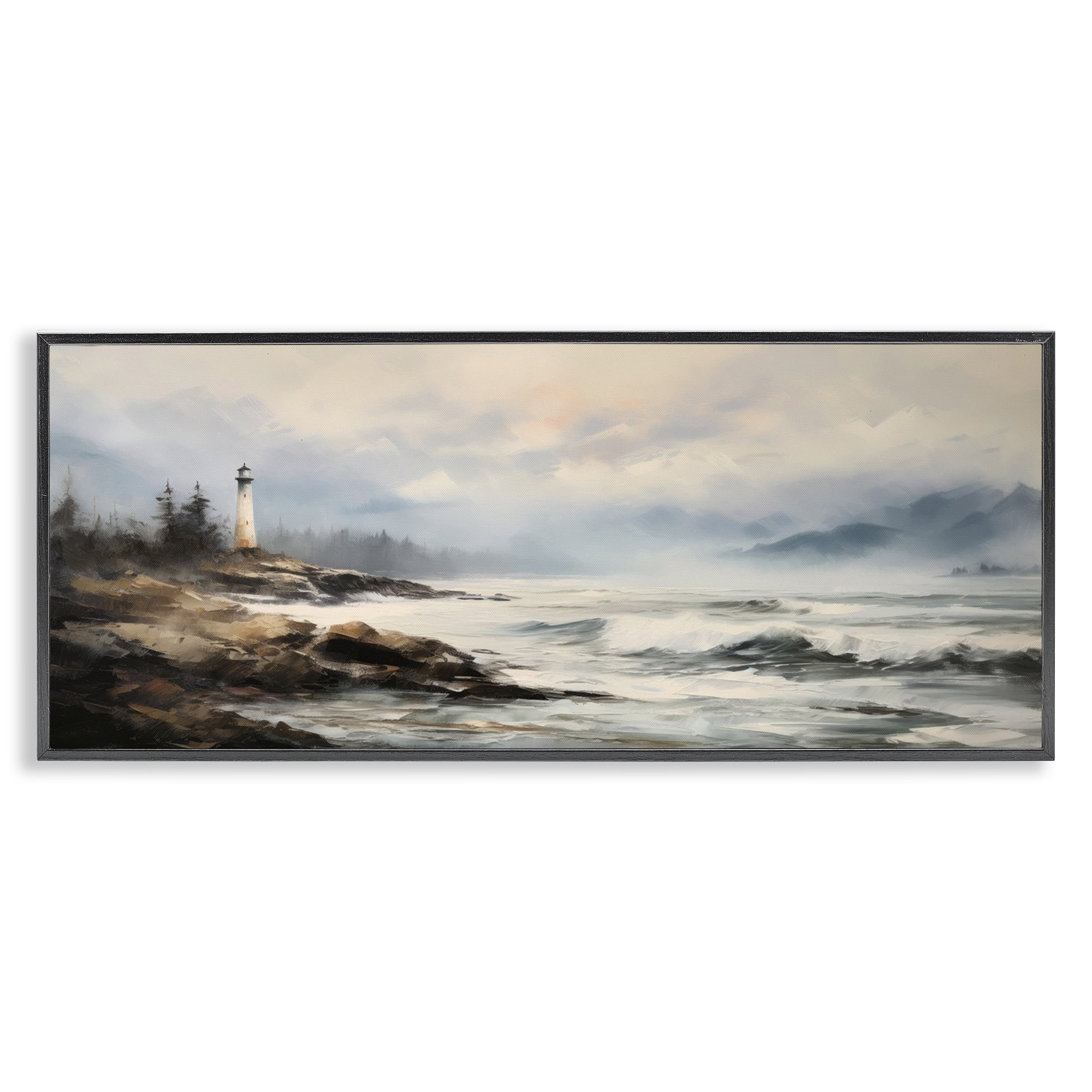 Stupell Industries Coastal Lighthouse Waves Coastal Painting Black Framed Art Print Wall Art, 24 x 10