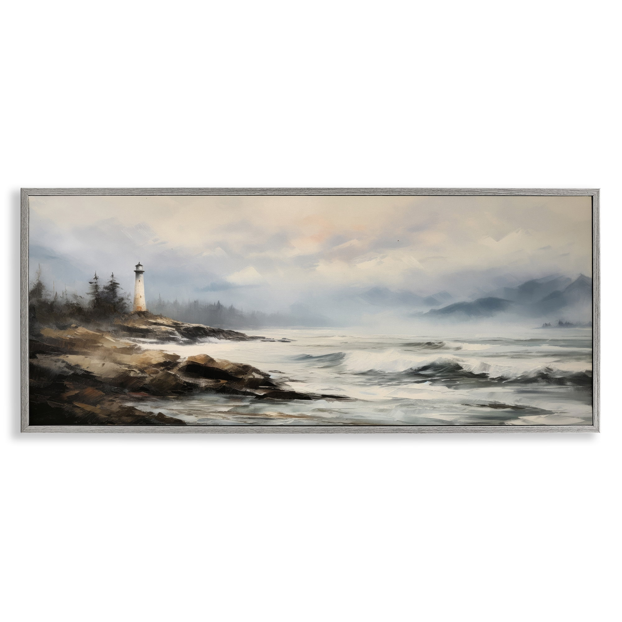 Stupell Industries Coastal Lighthouse Waves Coastal Painting Gray Framed Art Print Wall Art, 24 x 10