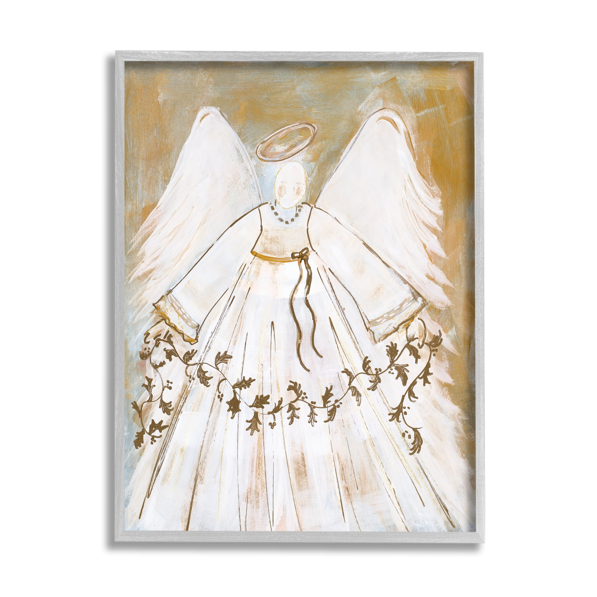 Stupell Industries Divine Angel Holding Winter Holy Vine Gold White Classic Painting Gray Framed Art Print Wall Art, 16 x 20, Design by Robin Maria