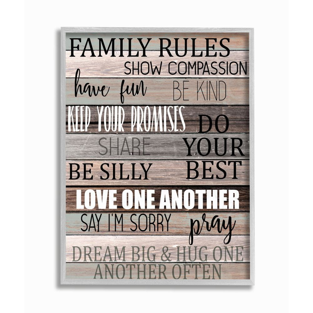 Stupell Industries Family Rules Text Fun Wood Grain Rustic Tan Teal Framed Wall Art Design by Kim Allen, 11" x 14", Gray Framed