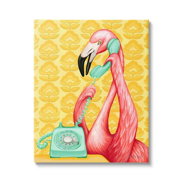 Stupell Industries Flamingo Calling Dial Telephone Groovy Flowers Wallpaper Graphic Art Gallery Wrapped Canvas Print Wall Art, Design by Amelie Legault