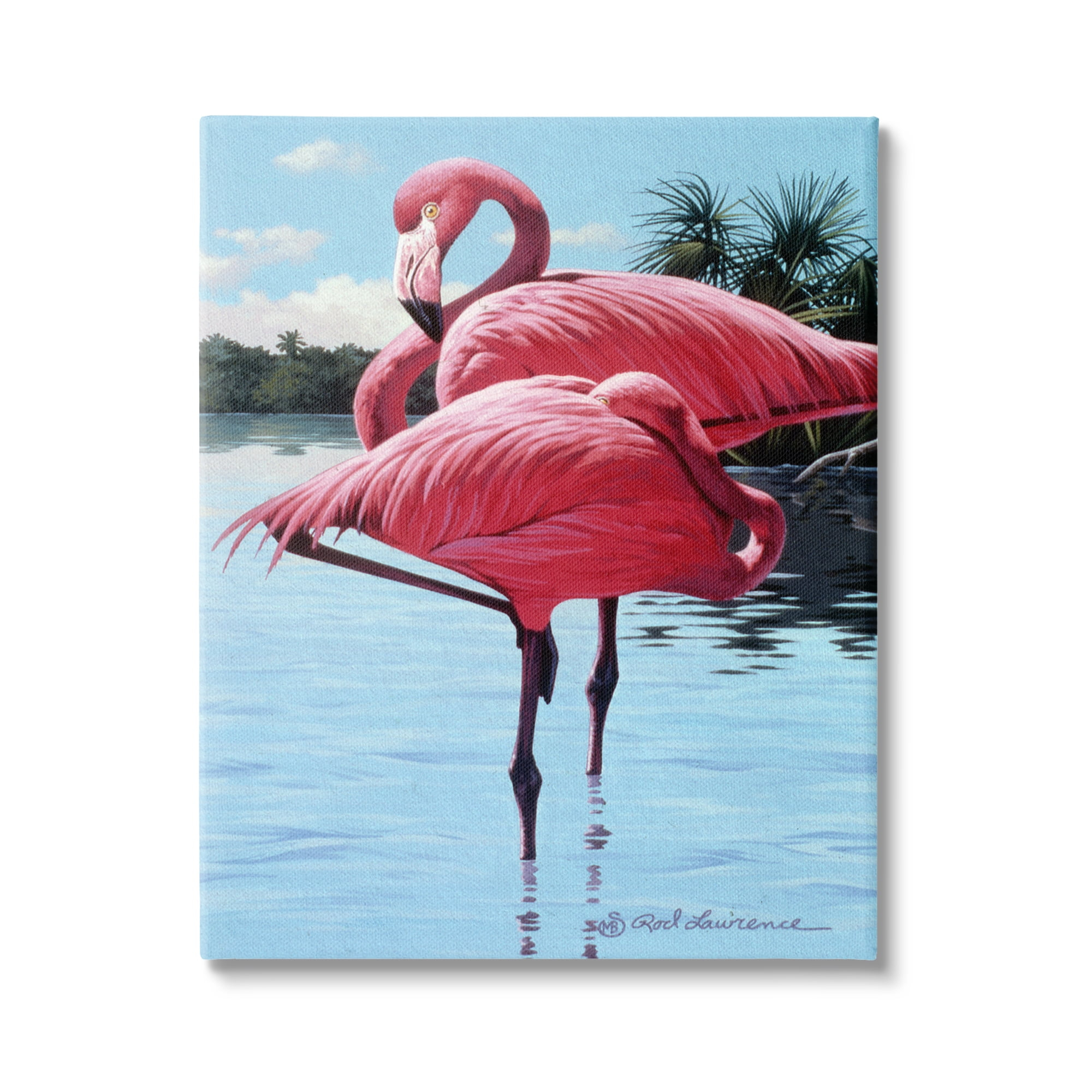 Stupell Industries Flamingos Balancing on Shore Animals & Insects Painting Gallery Wrapped Canvas Art Print Wall Art, 16 x 20