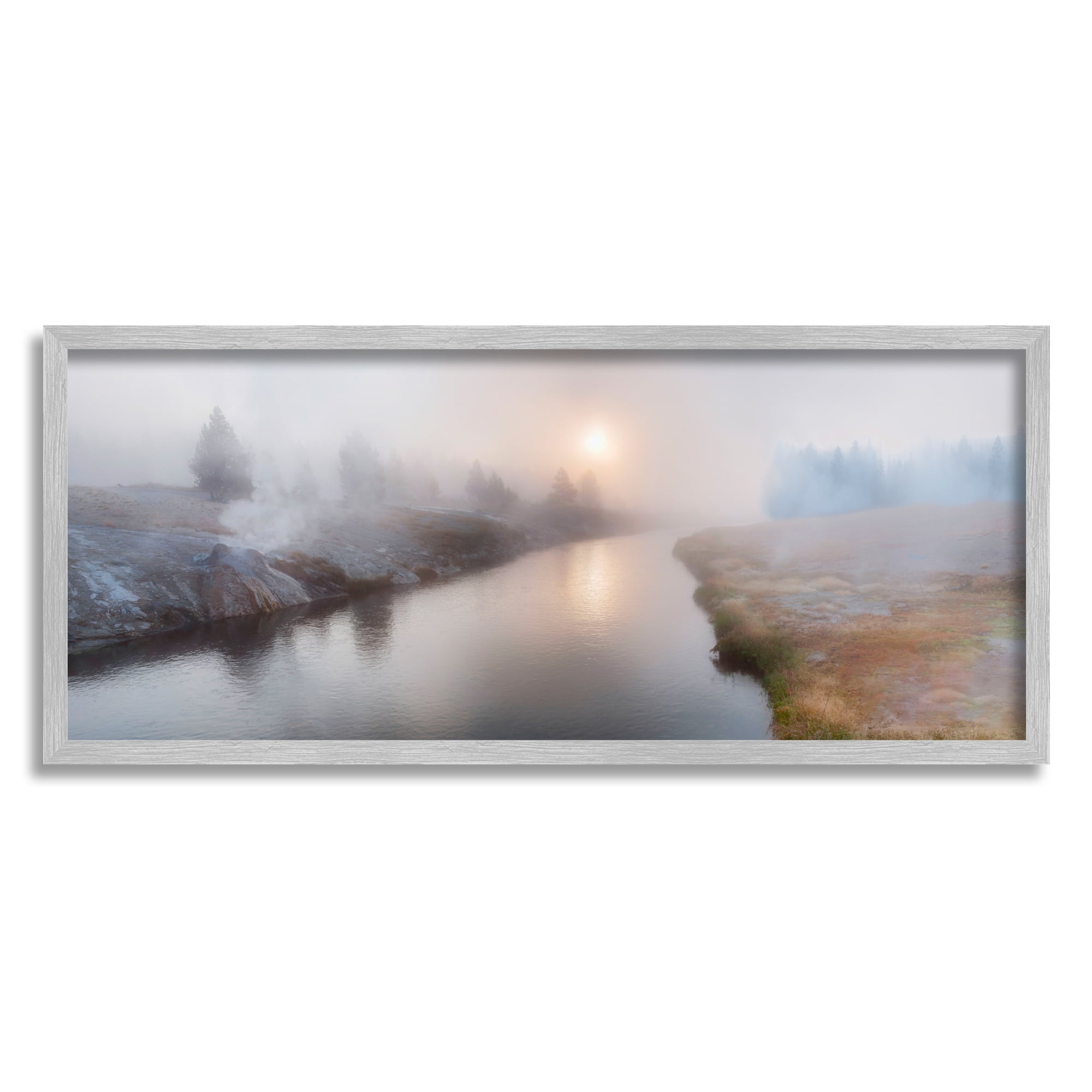 Stupell Industries Foggy River at Dawn Nature Photography Gray Framed Art Print Wall Art, 24 x 10