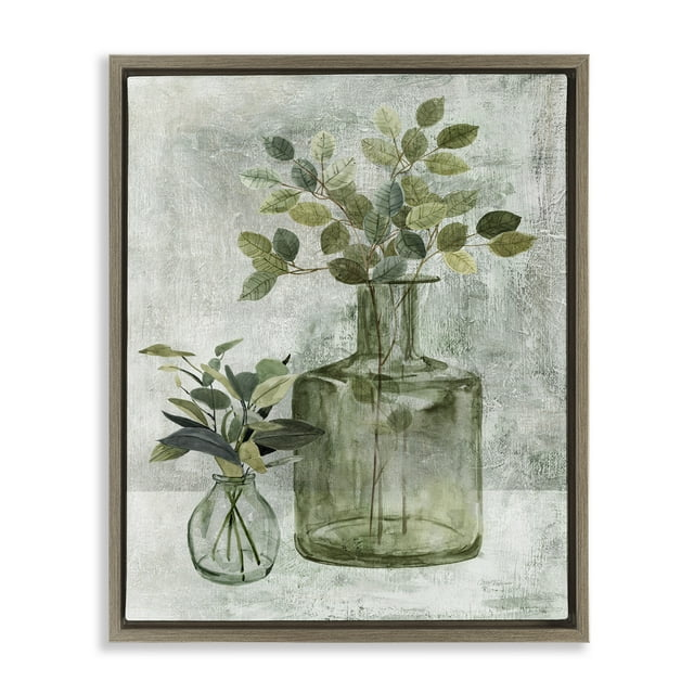 Stupell Industries Herbal Plants with Green Leaves Botanical & Floral Painting Brown Floater Framed Canvas Art Print Wall Art, 17 x 21