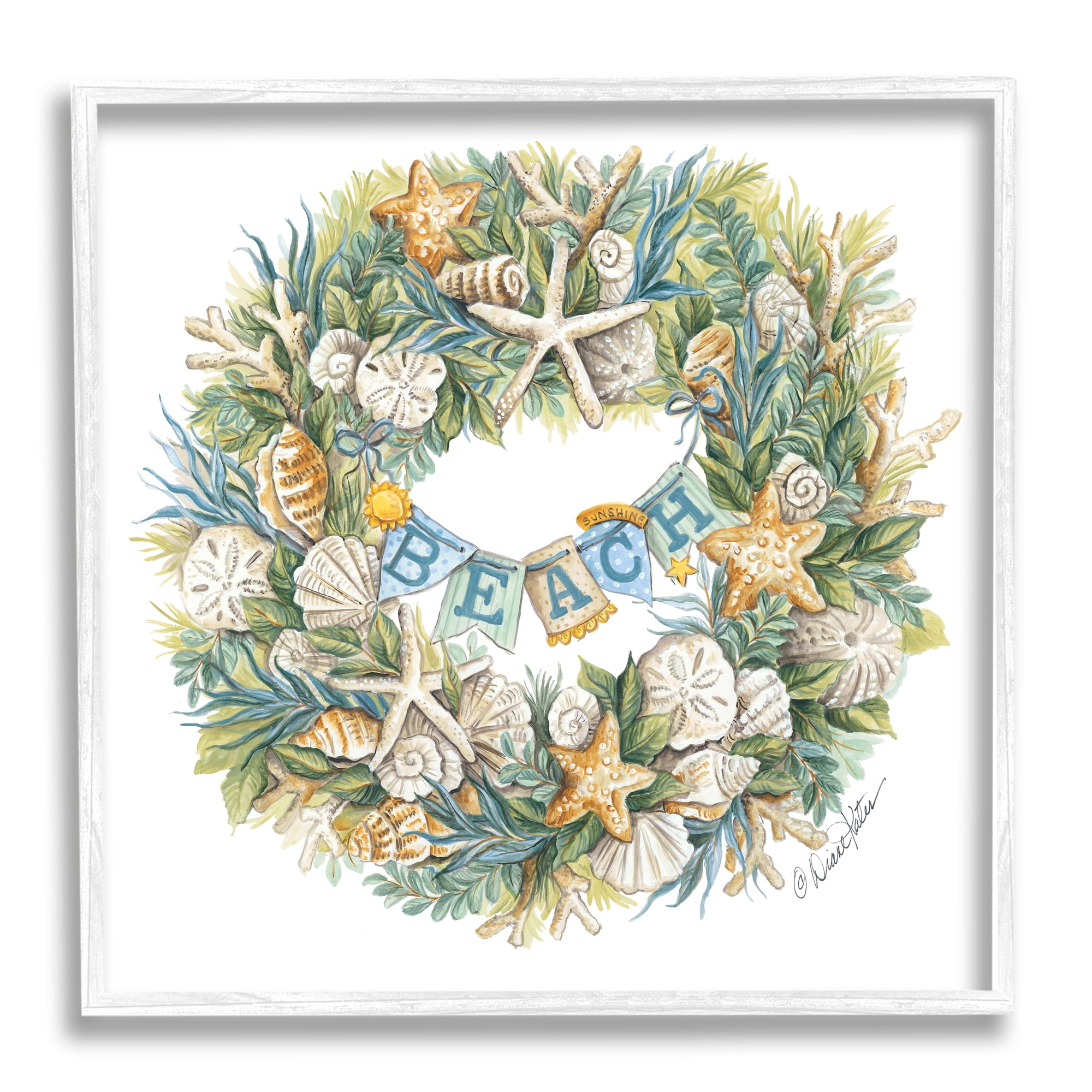 Stupell Industries Holiday Beach Seashell Wreathe Nautical Christmas Paintings White Framed Art Print Wall Art, 12x12, by Diane Kater
