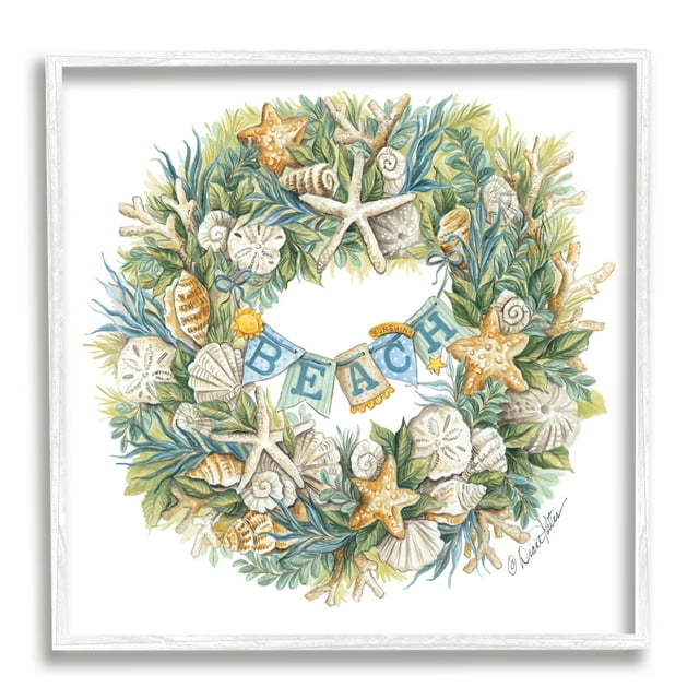Stupell Industries Holiday Beach Seashell Wreathe Nautical Christmas Paintings White Framed Art Print Wall Art, 12x12, by Diane Kater