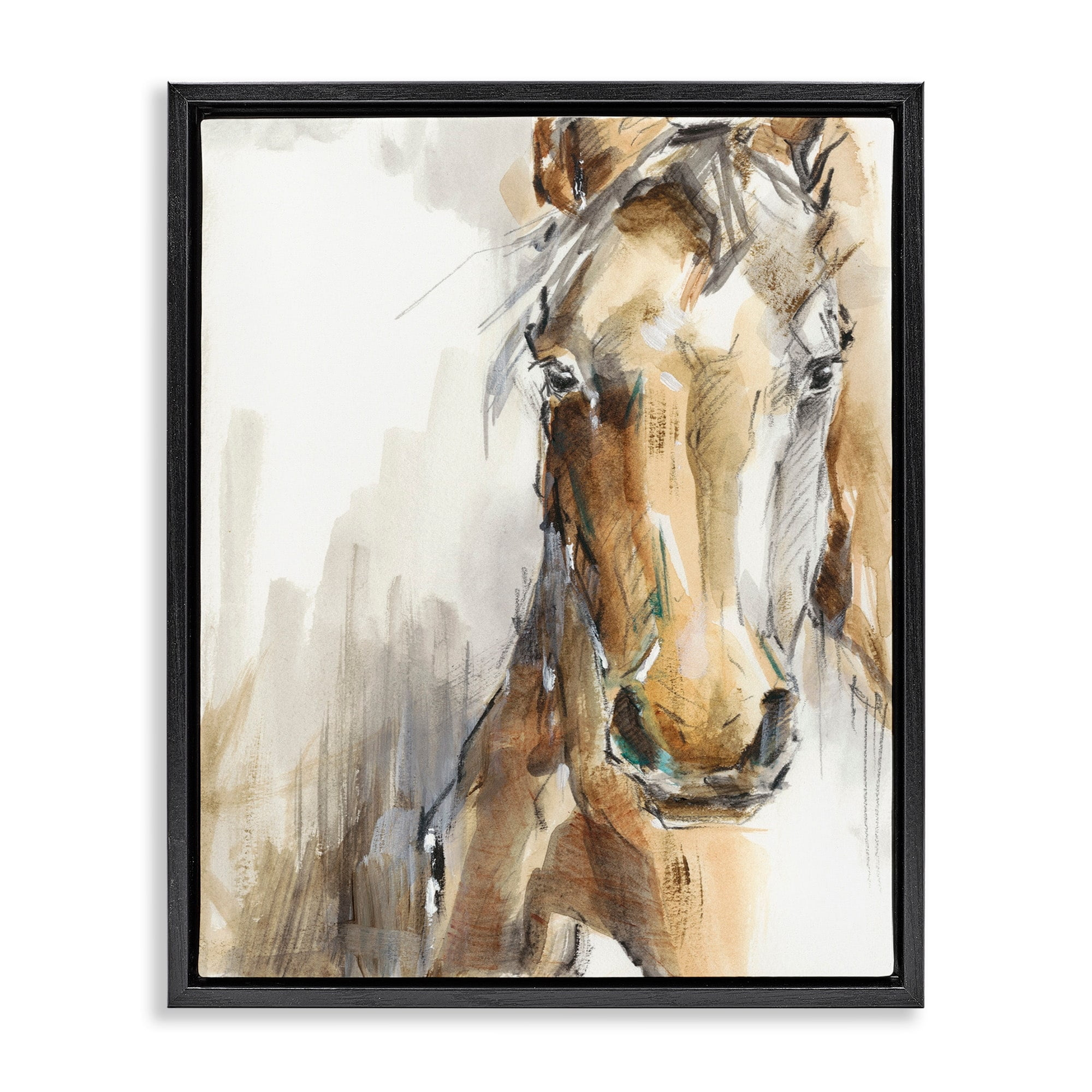 Stupell Industries Horse Portrait Orange Brown Animal Watercolor Painting Jet Black Framed Floating Canvas Wall Art, 16x20, by Ethan Harper