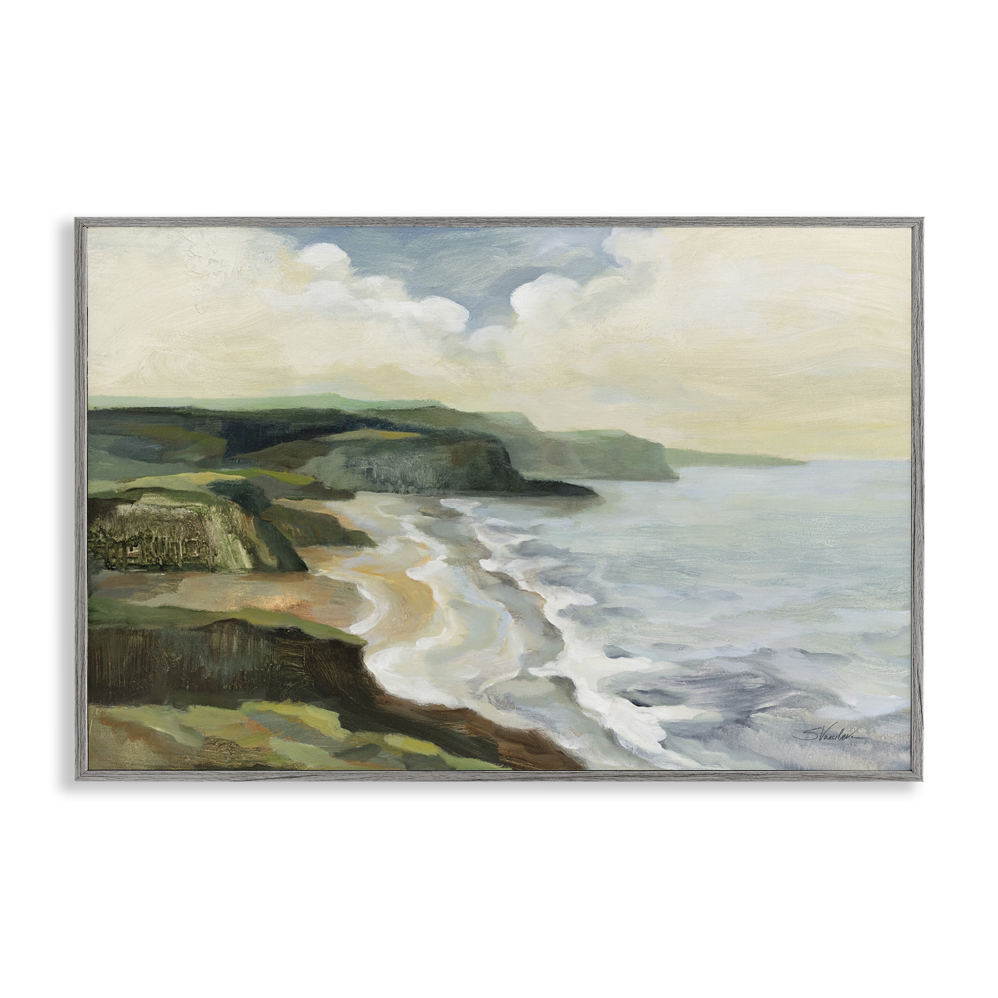 Stupell Industries Irish Coast Cliffs Landscape Painting Gray Framed Art Print Wall Art, 24 x 16