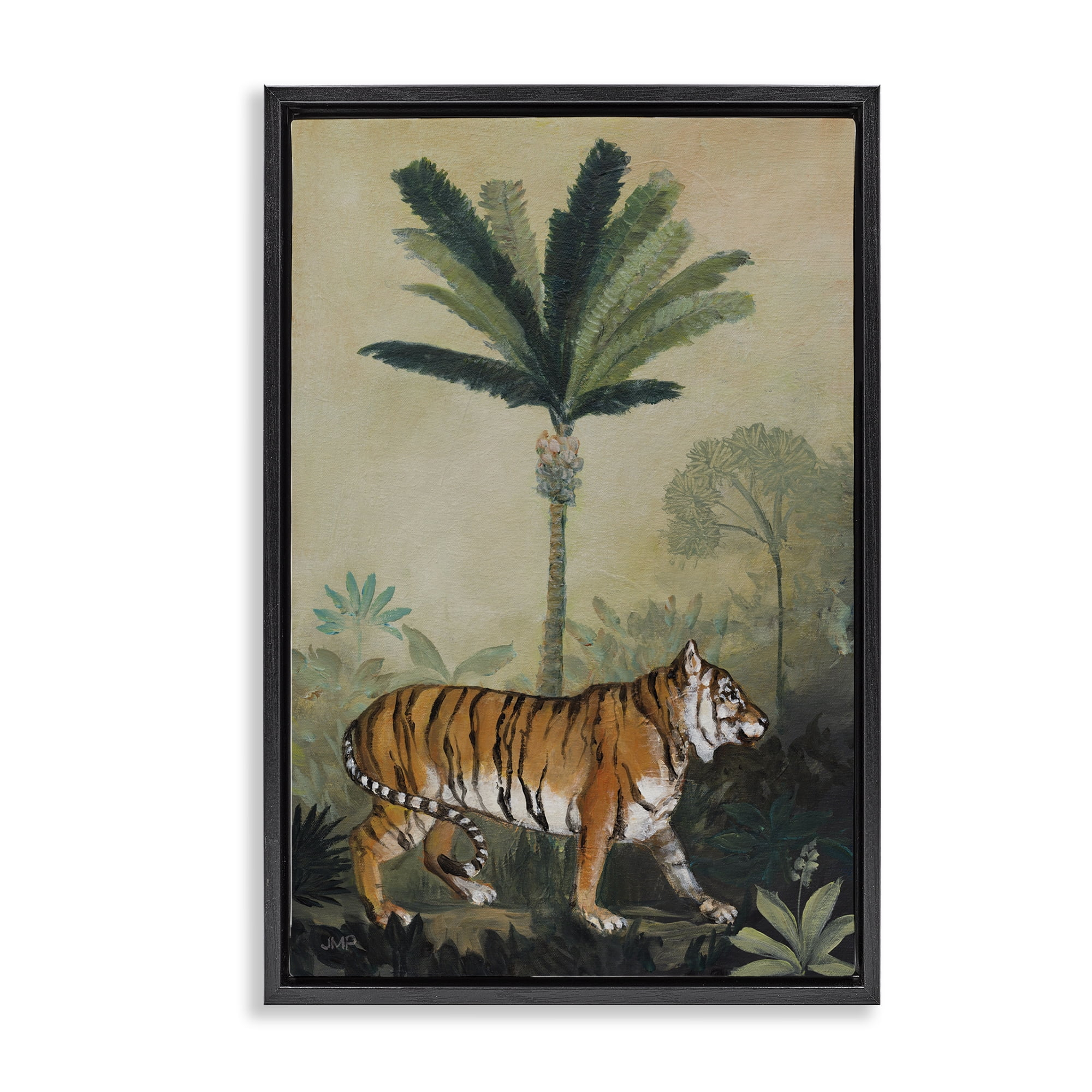 Stupell Industries King Of Jungle Tiger Landscape Painting Black Floater Framed Canvas Art Print Wall Art, 21 x 31