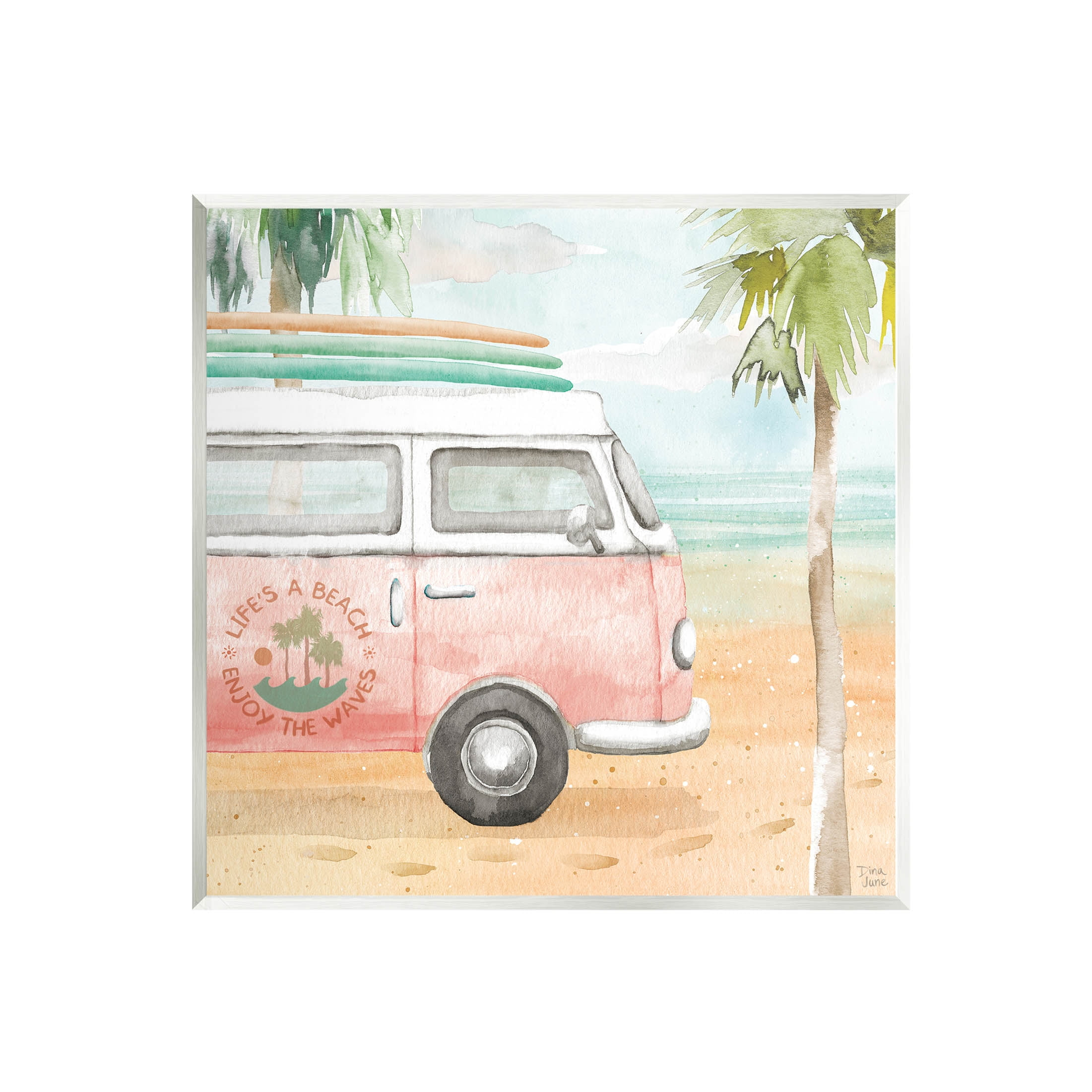 Stupell Industries Life's a Beach Pink Surf Van Painting Unframed Art Print Wall Art, Design by Dina June