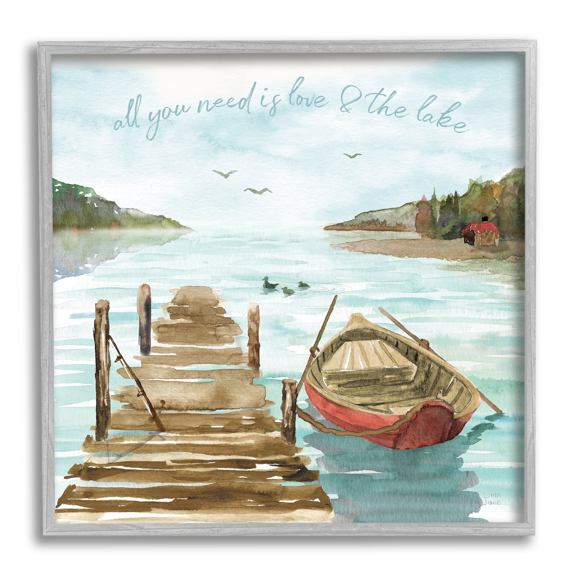Stupell Industries Love and The Lake Sentiment Boat Dock Landscape Landscape Painting Gray Framed Art Print Wall Art, 24 x 24