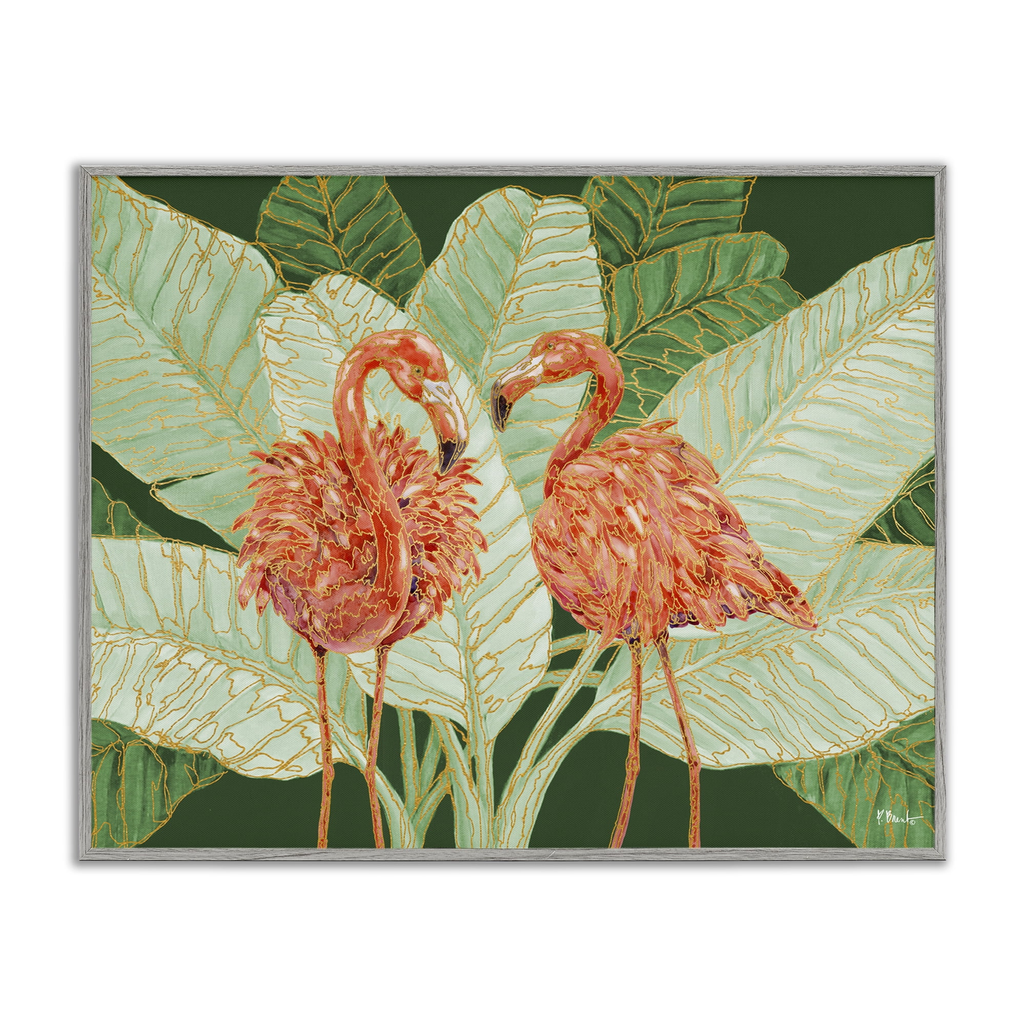 Stupell Industries Martinique Flamingos & Leaves Animals & Insects Painting Gray Framed Art Print Wall Art, 20 x 16