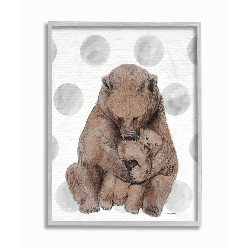 Stupell Industries Nursery Bear and Cub Illustration Neutral Polka Dots Framed Wall Art Design by Daphne Polselli, 11" x 14", Gray Framed