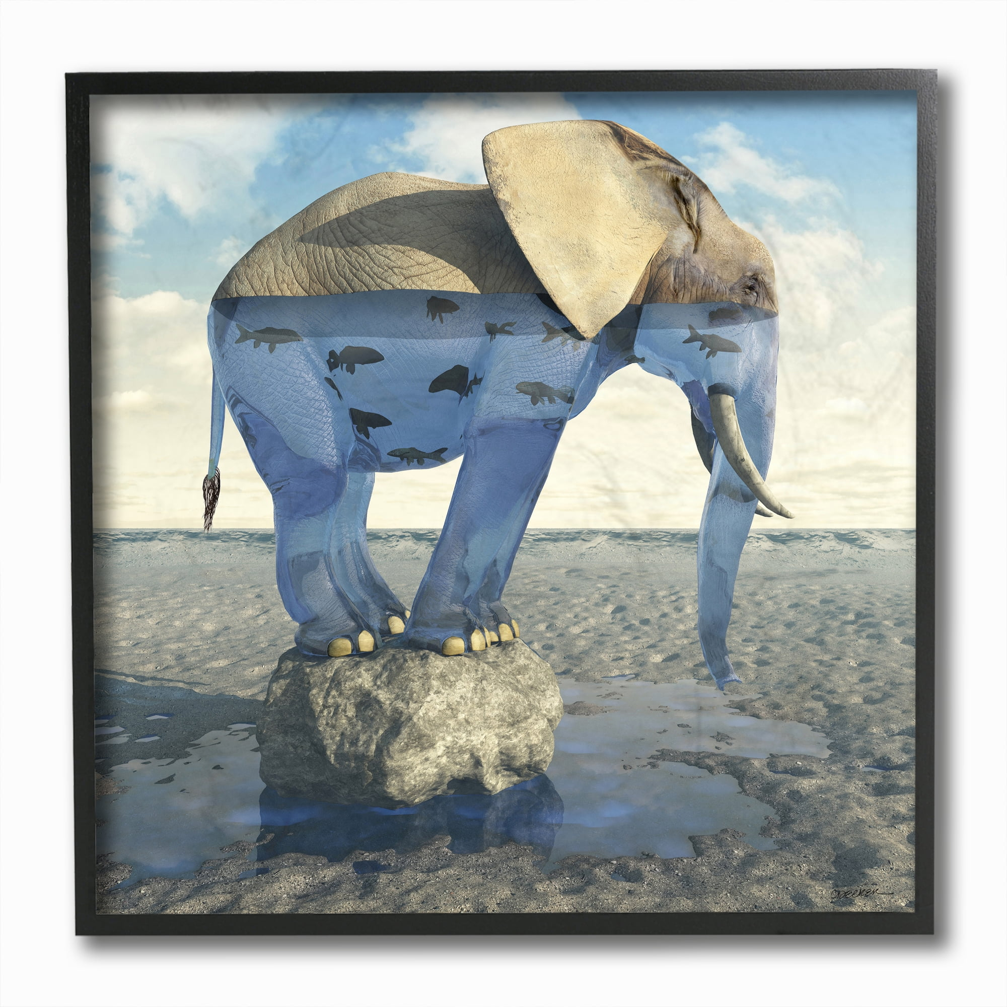 Stupell Industries Ocean Elephant Abstract Animal Design Framed Wall Art by Cynthia Decker, 12" x 12", Black Framed