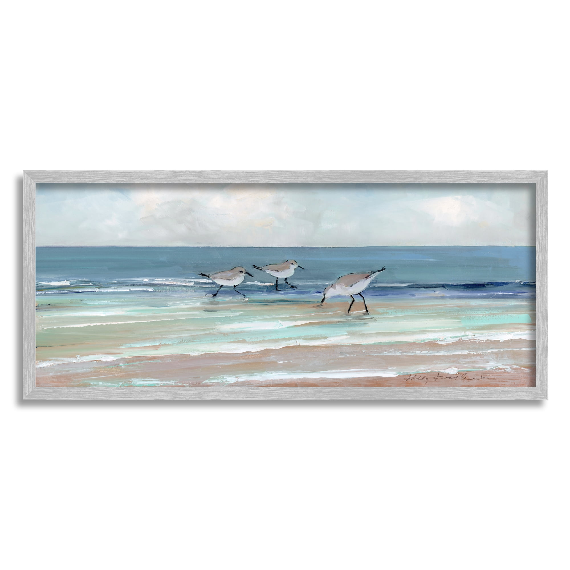 Stupell Industries Panoramic Sandpipers Birds Shoreline Ocean Landscape Painting Gray Framed Art Print Wall Art, 30x13, by Sally Swatland