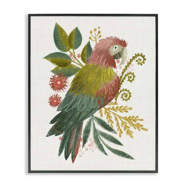 Stupell Industries Parrot with Eclectic Leaves Animals & Insects Painting Black Framed Art Print Wall Art, 16 x 20