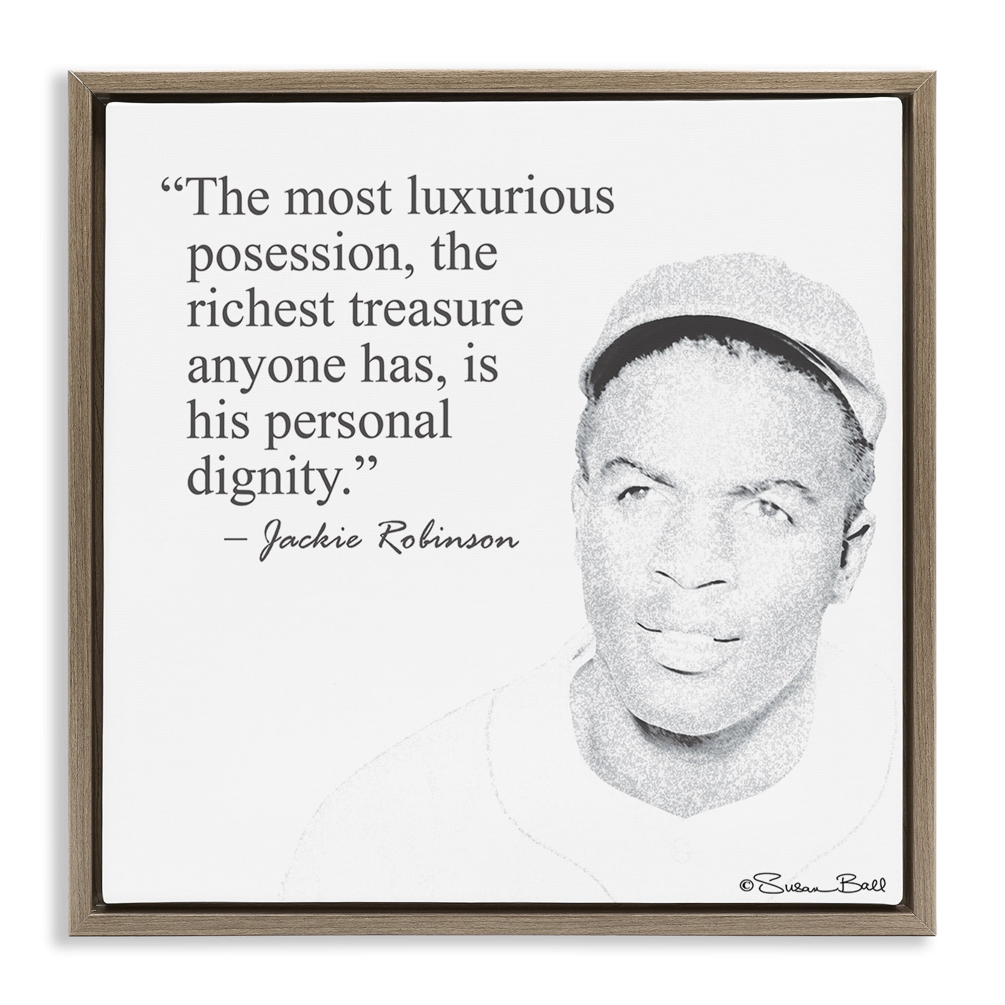Stupell Industries Personal Dignity Jackie Robinson Quote Black and White Inspirational Painting Brown Floater Framed Canvas Art Print Wall Art, 25 x 25