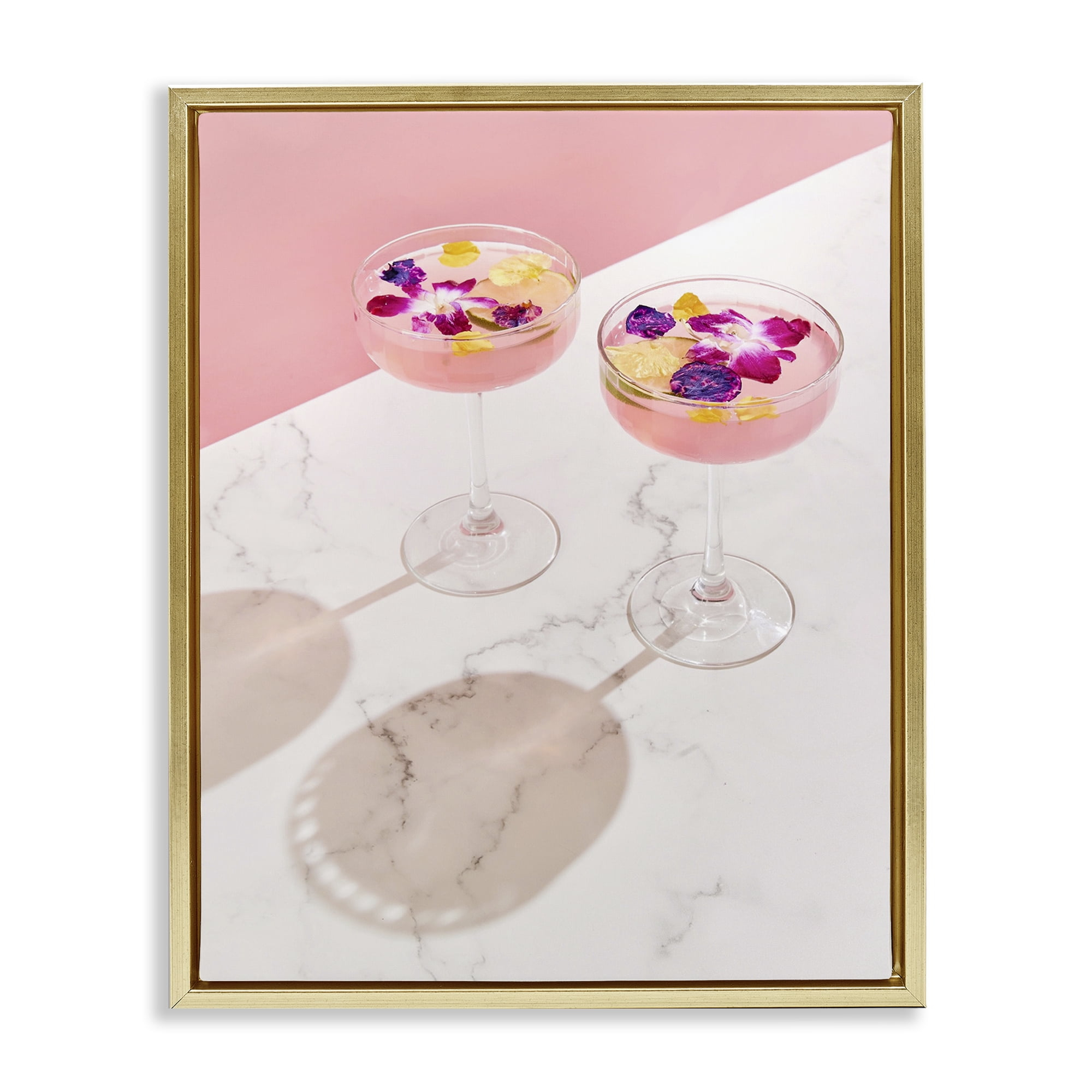Stupell Industries Pink Floral Cocktails Food & Beverage Painting Gold Floater Framed Art Print Wall Art, 17 x 21