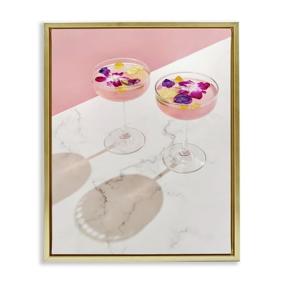 Stupell Industries Pink Floral Cocktails Food & Beverage Painting Gold Floater Framed Art Print Wall Art, 17 x 21