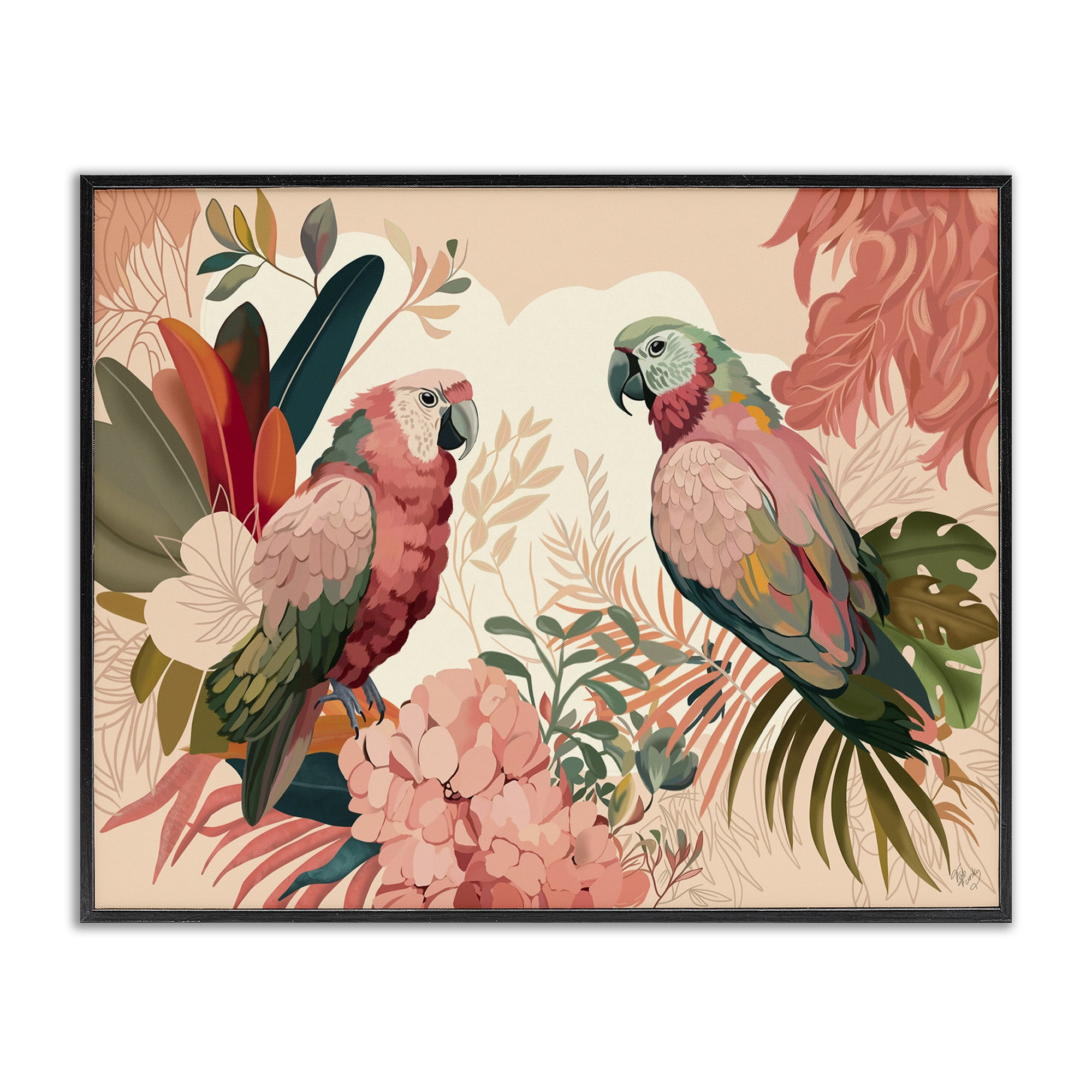 Stupell Industries Pink Parrots & Leaves Animals & Insects Painting Black Framed Art Print Wall Art, 30 x 24